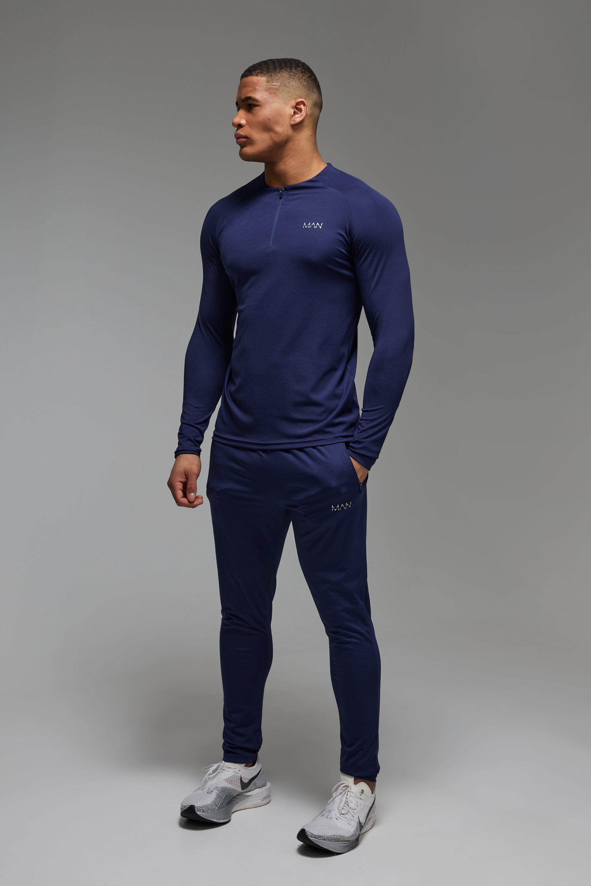 Image of Tuta sportiva Man Active Skinny Fit a girocollo con zip corta, Navy
