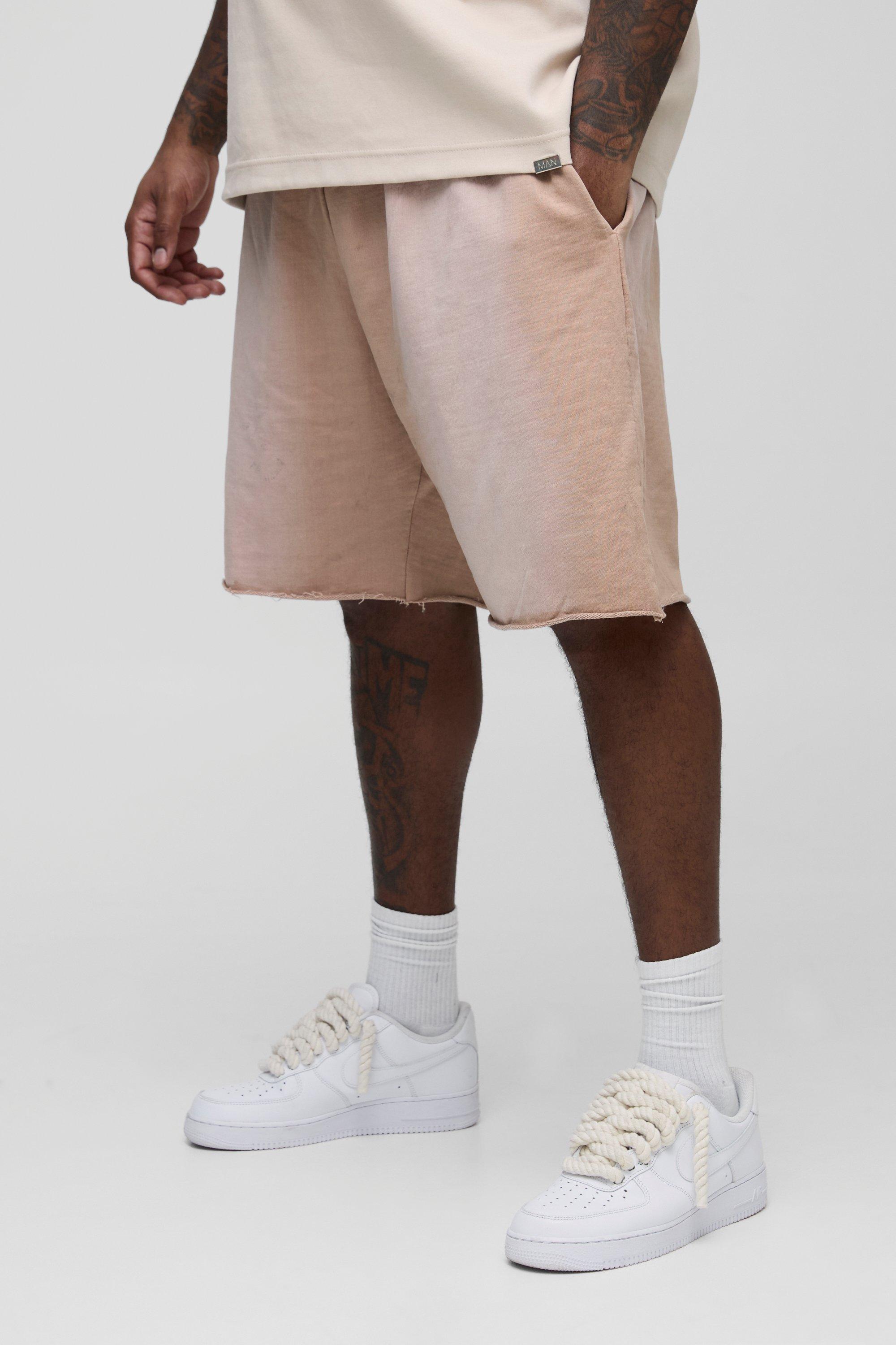 Mens Beige Plus Washed Raw Hem Extended Drawcord Relaxed Shorts, Beige