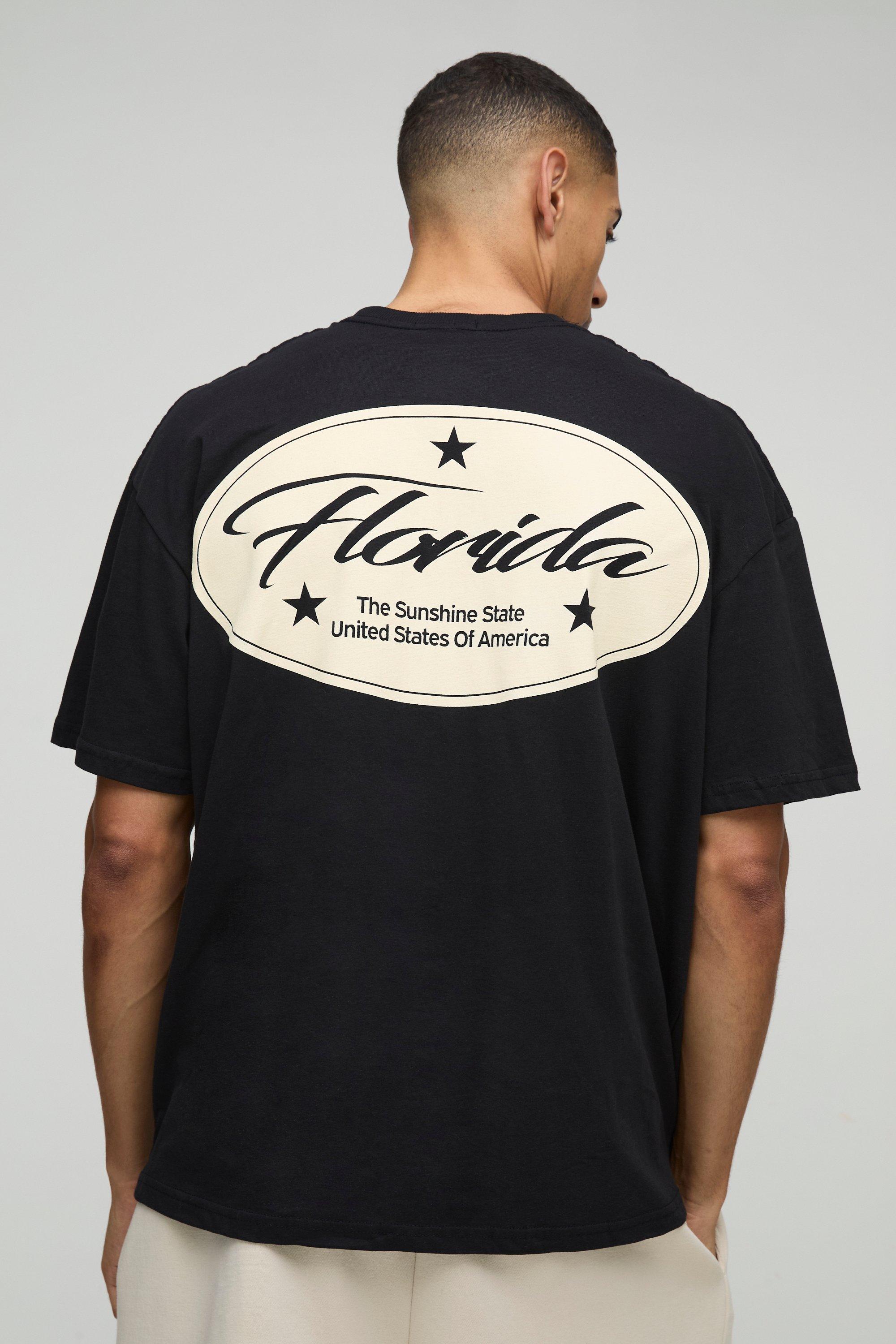 Mens Black Oversized Florida Print T-Shirt, Black