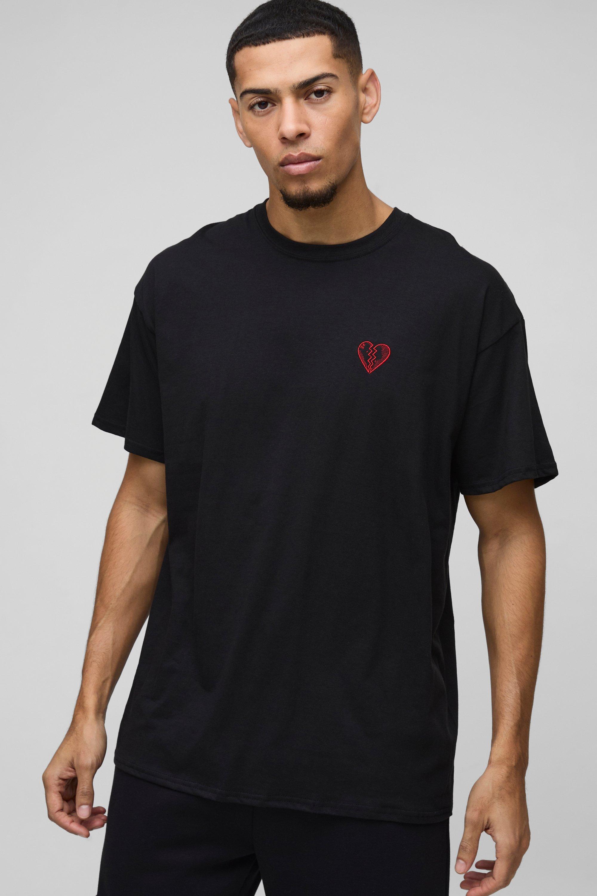 Mens Black Oversized Embroidered Broken Heart T-Shirt, Black