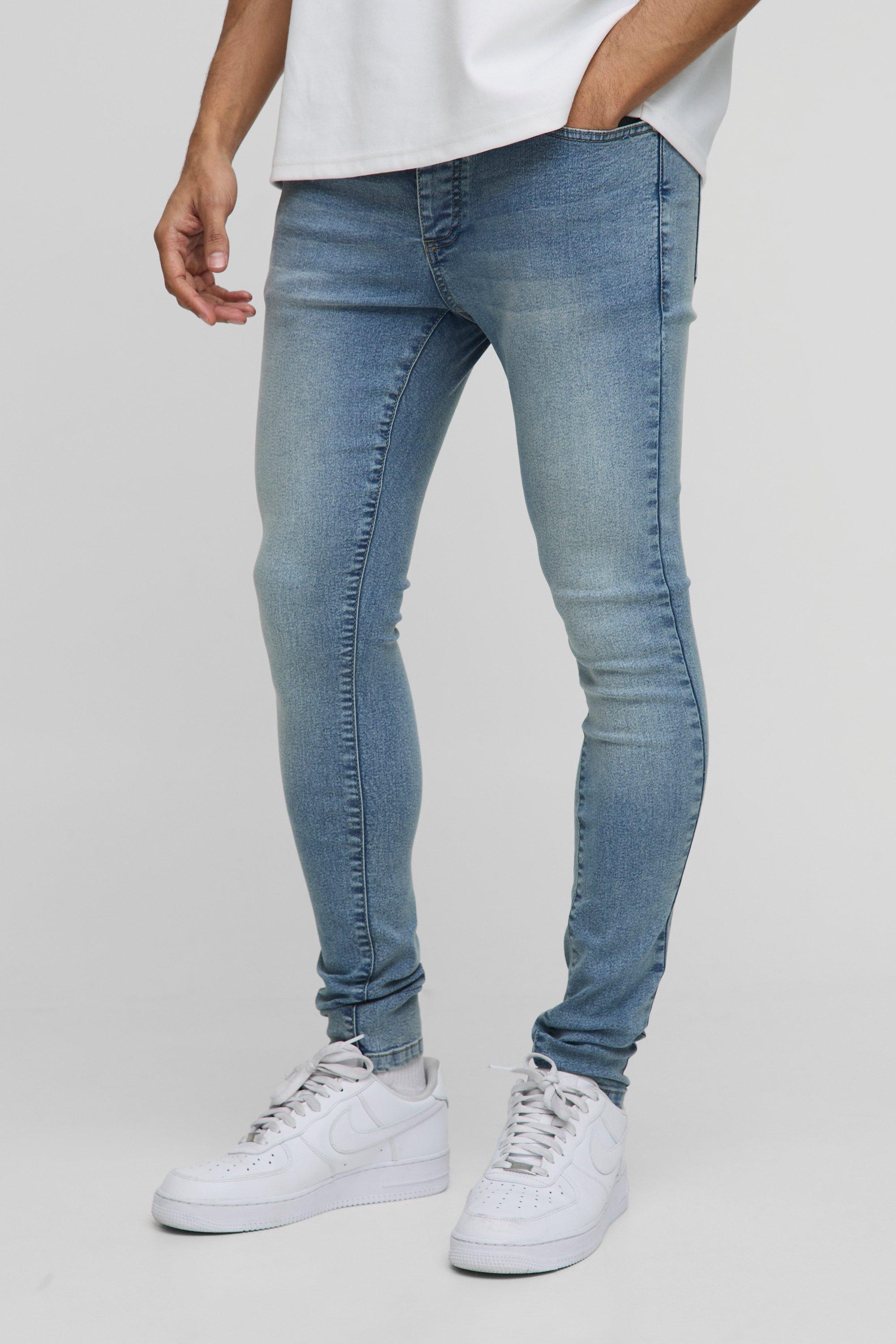 Mens Blue Super Skinny Stretch Extreme Washed Skinny Jeans, Blue