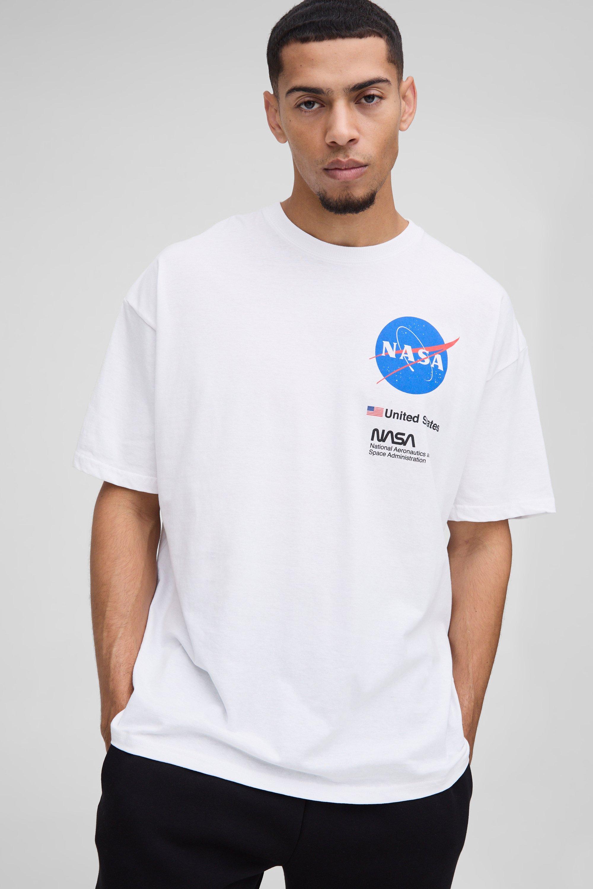 Mens White Oversized Nasa License Print T-Shirt, White