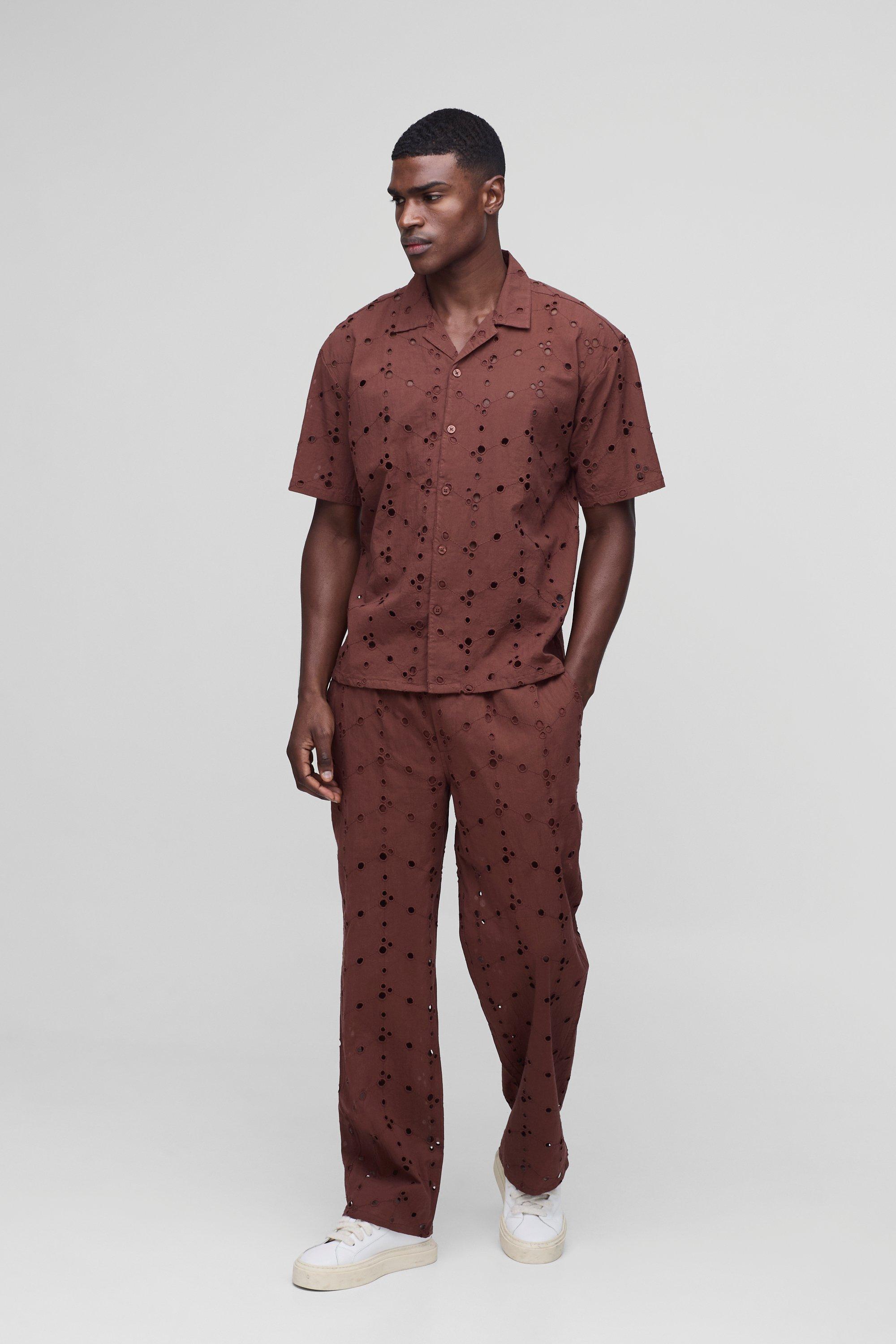 Set camicia oversize in pizzo sangallo & pantaloni, Brown
