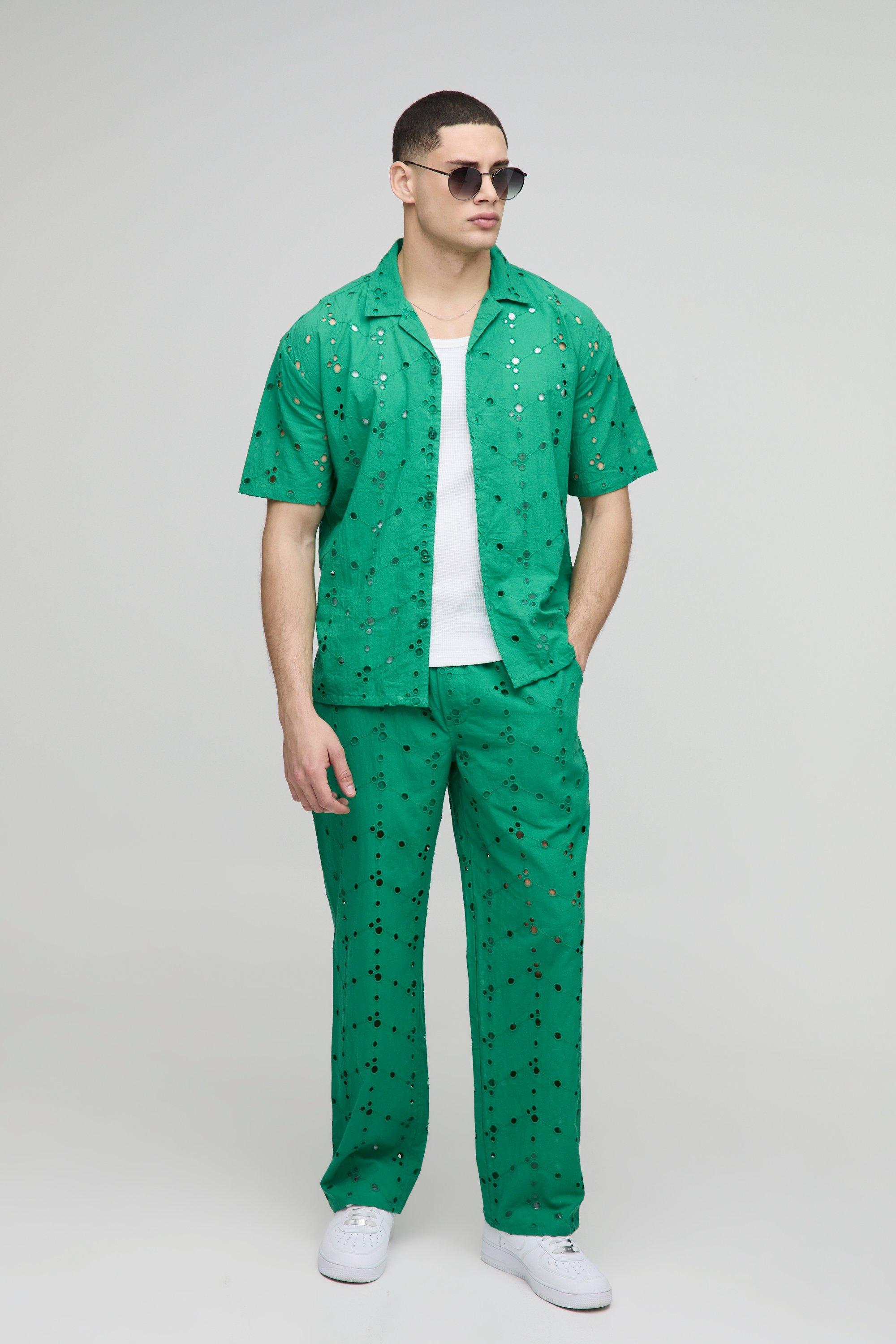 Set camicia oversize in pizzo sangallo & pantaloni, Verde