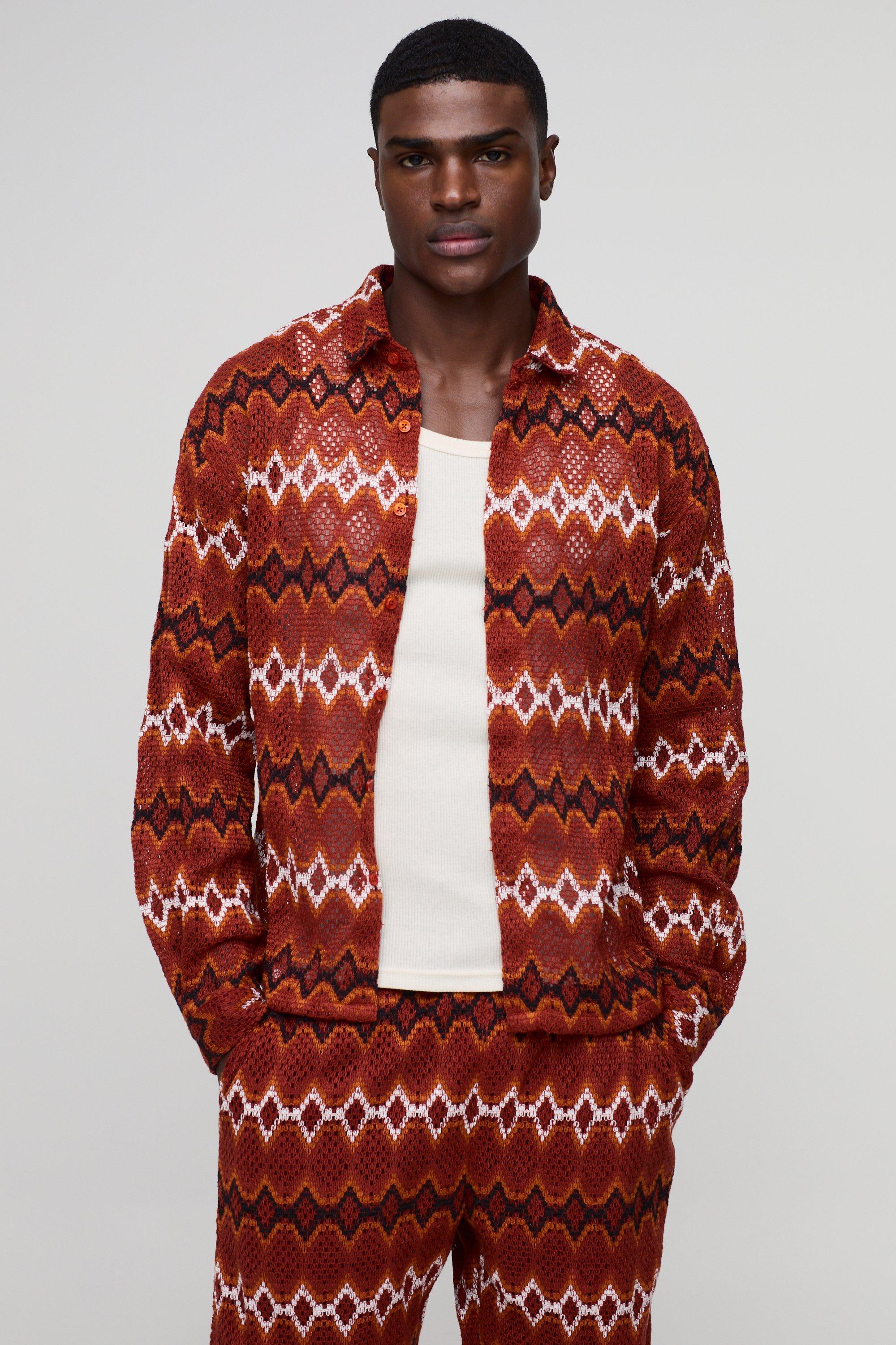 Mens Orange Relaxed Long Sleeve Crochet Zig Zag Shirt, Orange