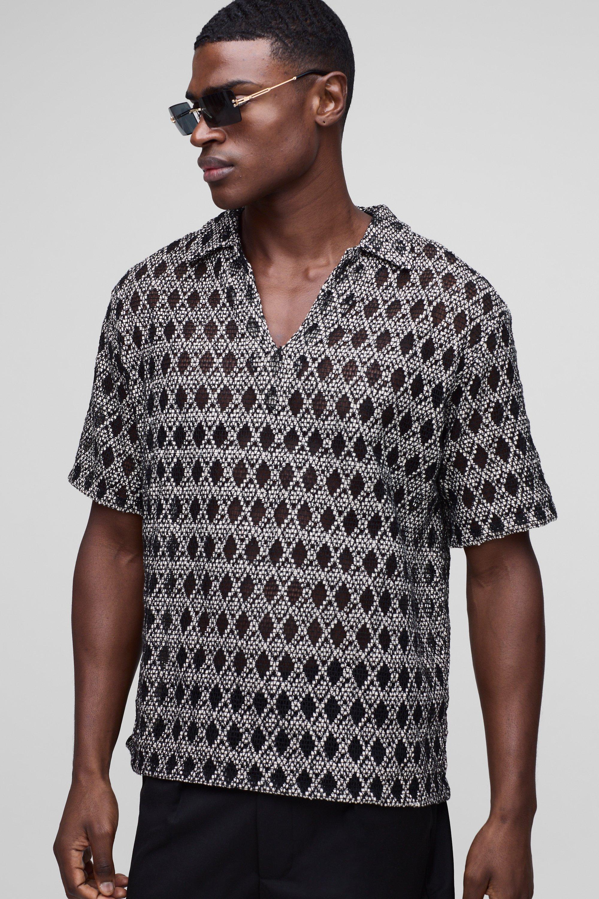 Mens Black Oversized Overhead V-Neck Crochet Shirt, Black