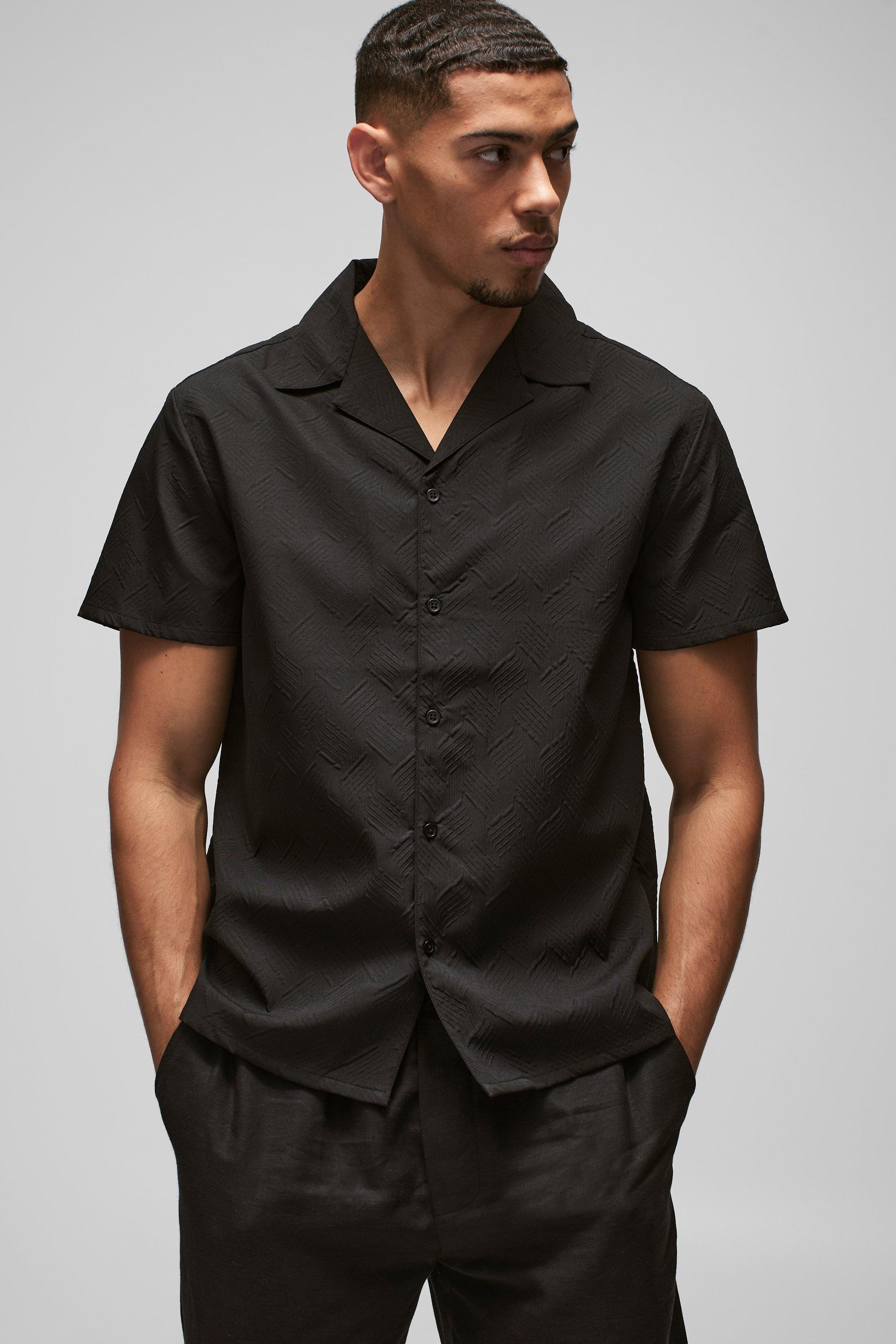 Mens Black Regular Fit Geo Jacquard Shirt, Black