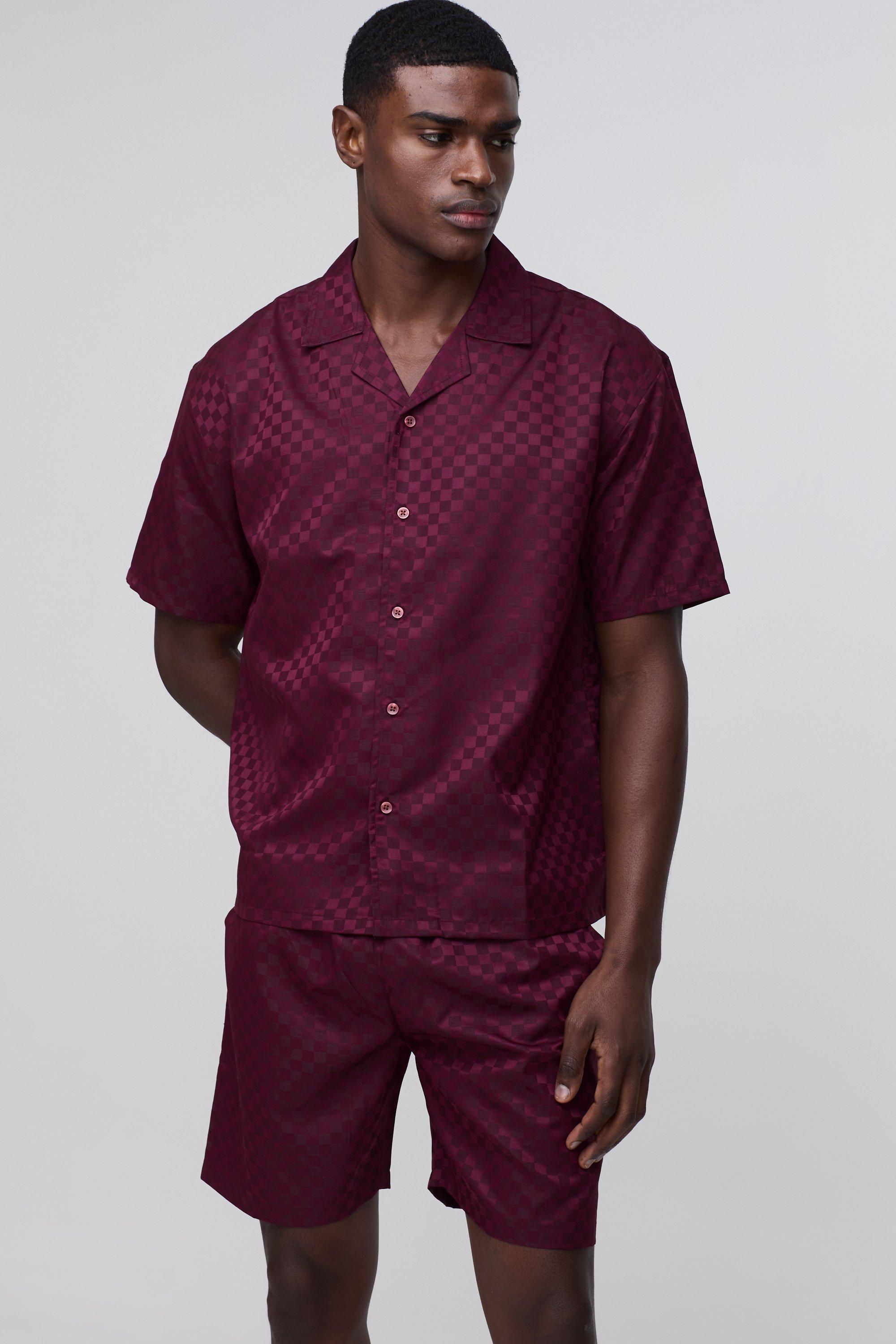 Oversized Revere Satin Checkerboard Shirt & Relaxed Short Set