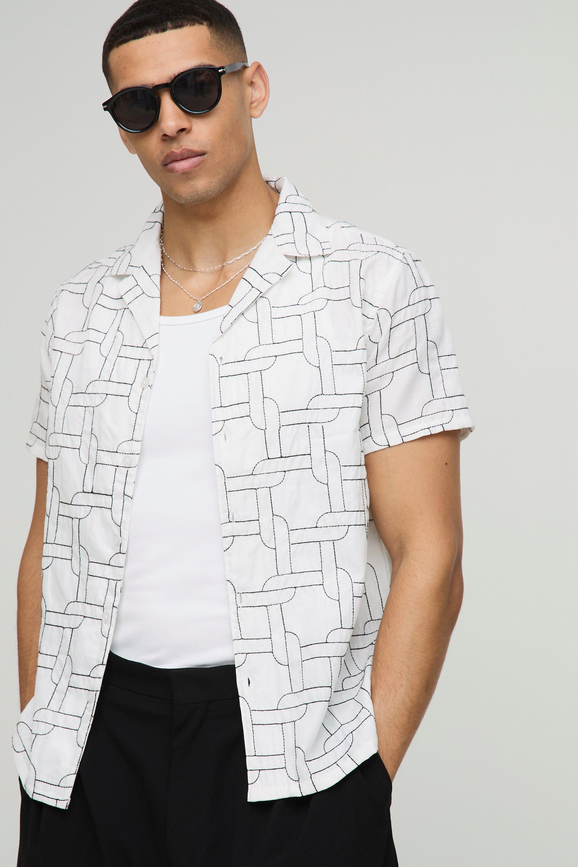 Camicia Regular Fit effetto lino con ricami, Beige