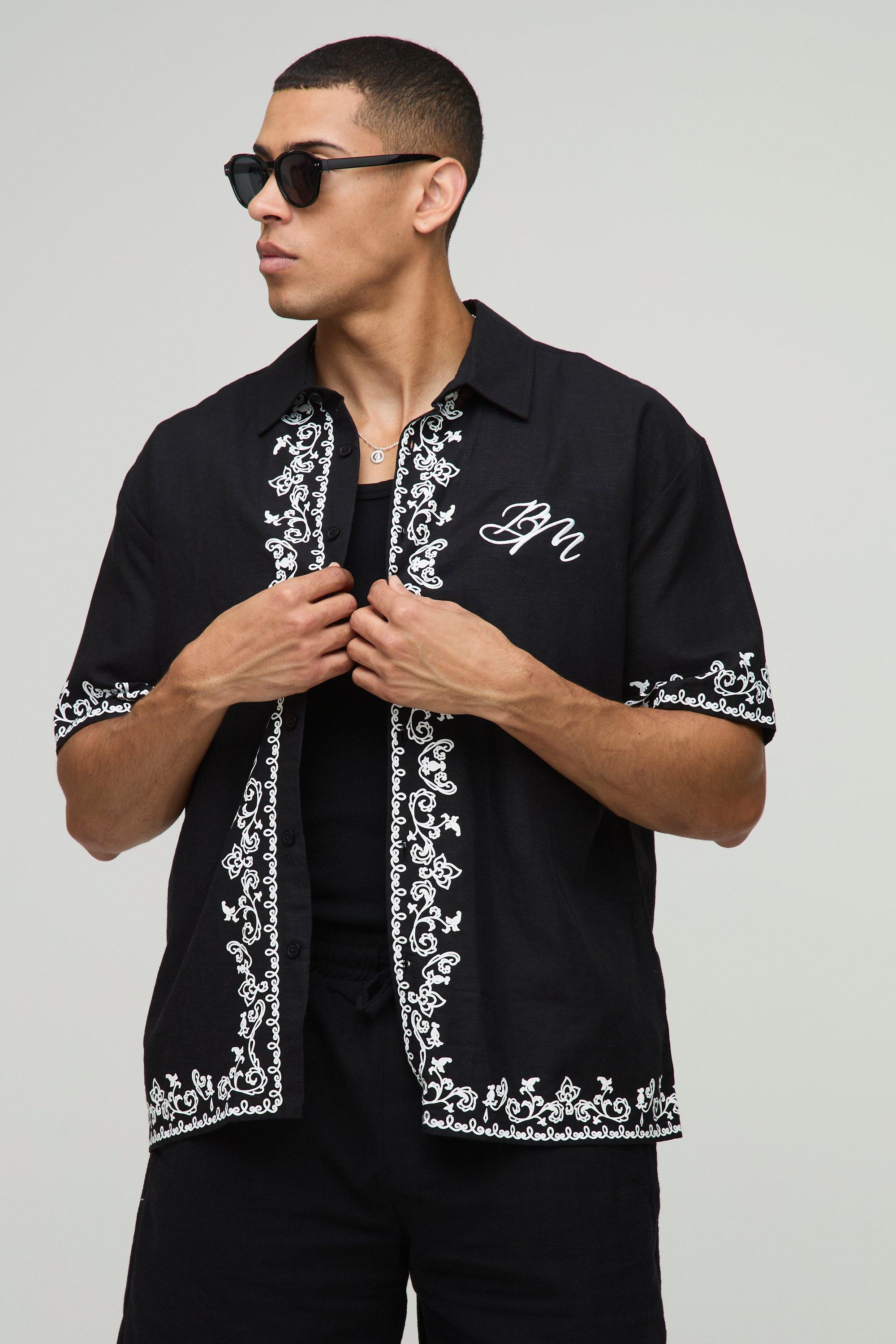 Camicia oversize in misto lino con stampa e bordi, Nero