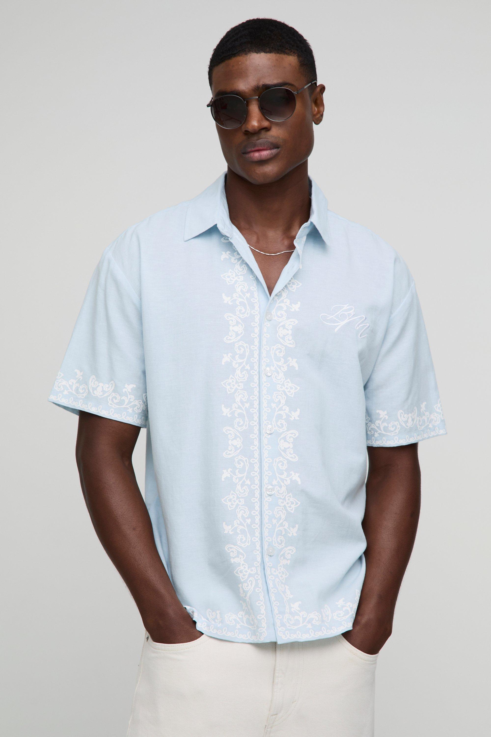 Camicia oversize in misto lino con stampa e bordi, Azzurro