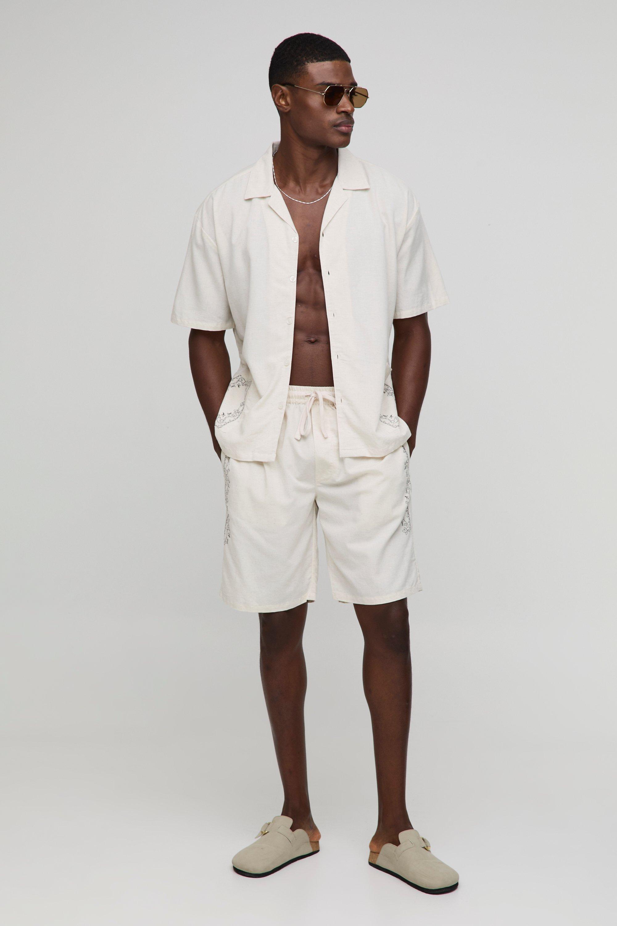 Set camicia oversize in misto lino con tasche & pantaloncini, Beige