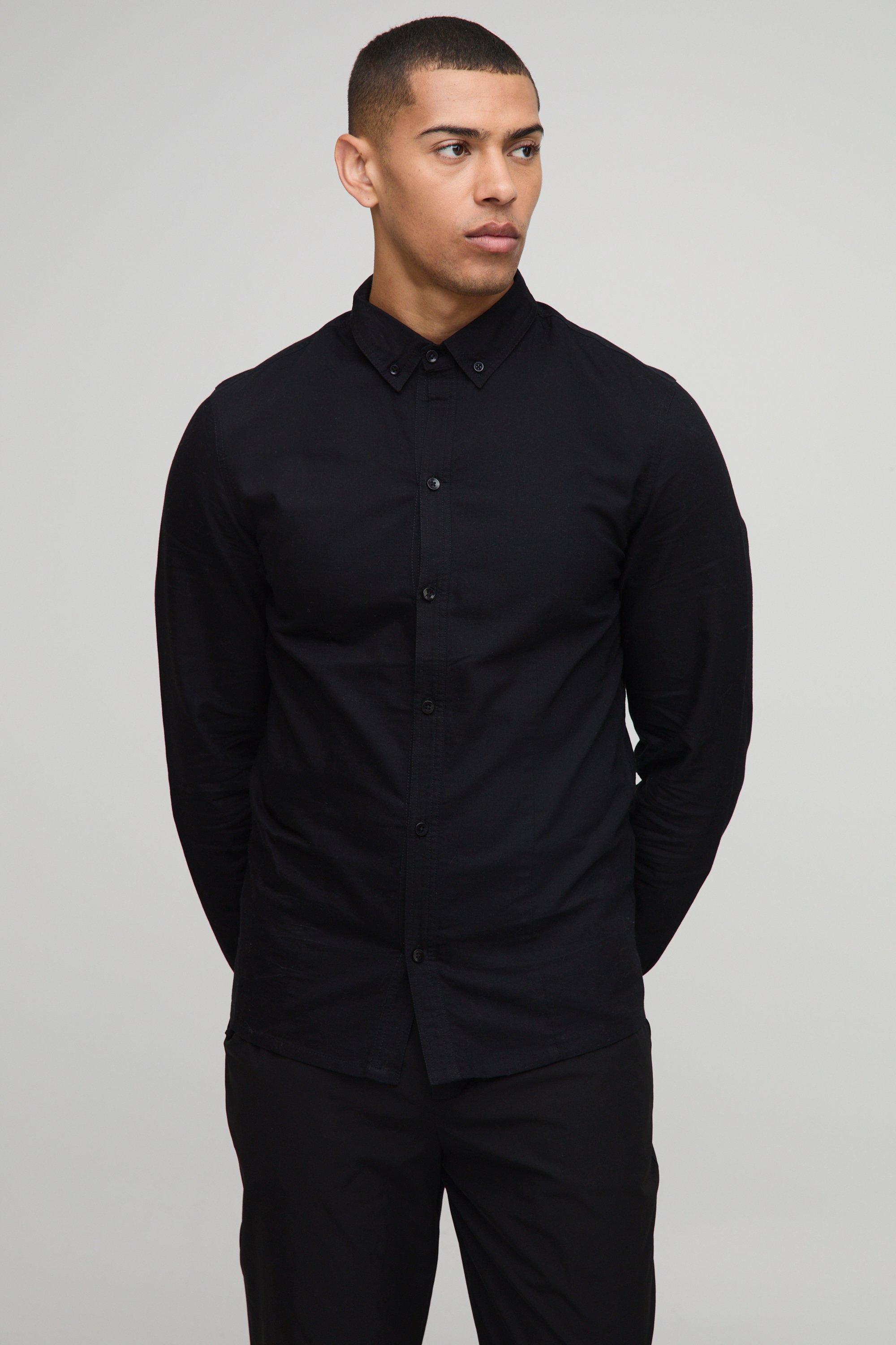 Mens Black Slim Fit Button Down Collar Oxford Long Sleeve Shirt, Black