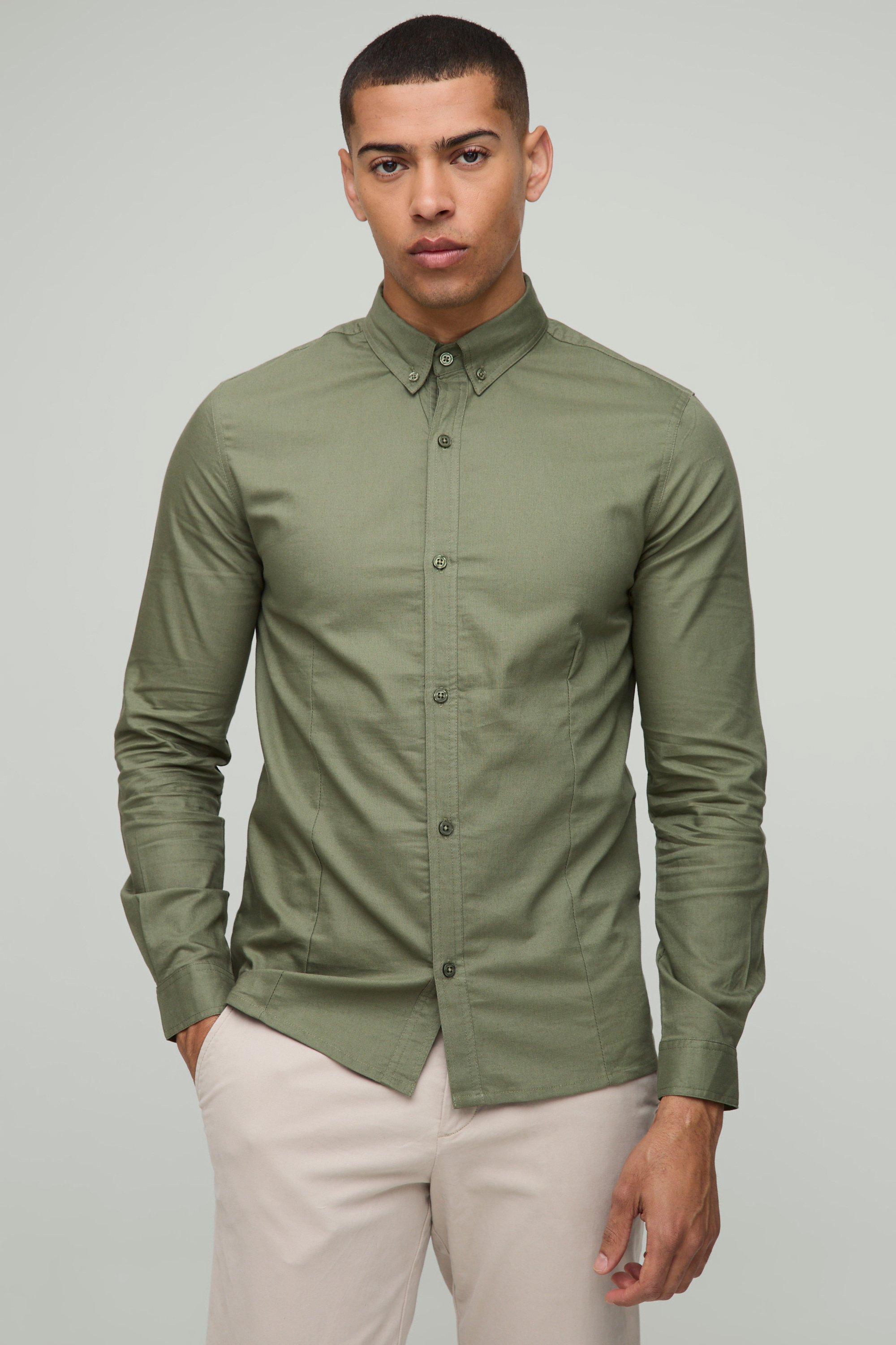 Mens Green Slim Fit Button Down Collar Oxford Long Sleeve Shirt, Green