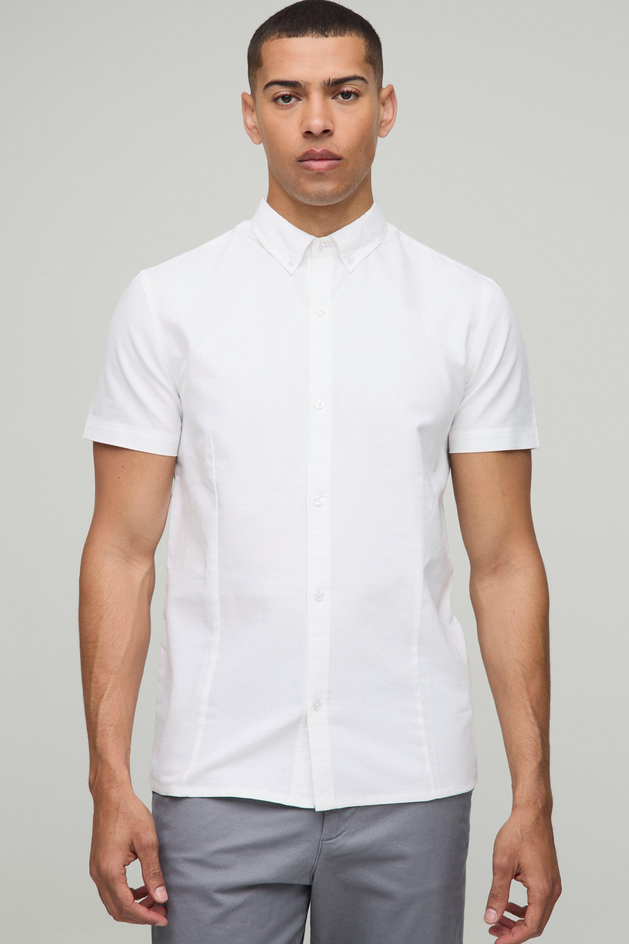 Mens White Slim Fit Button Down Collar Oxford Short Sleeve Shirt, White