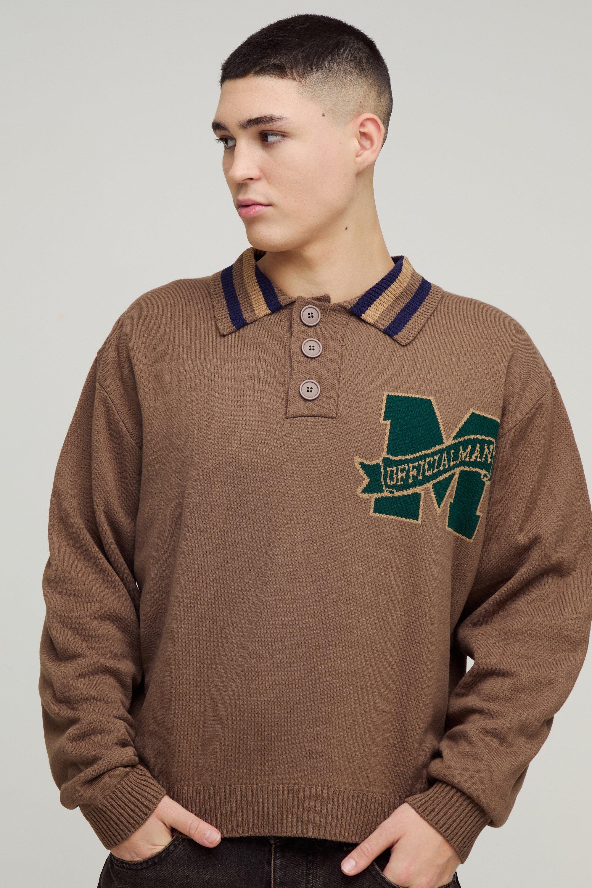 Polo squadrata oversize in maglia con applique, Brown
