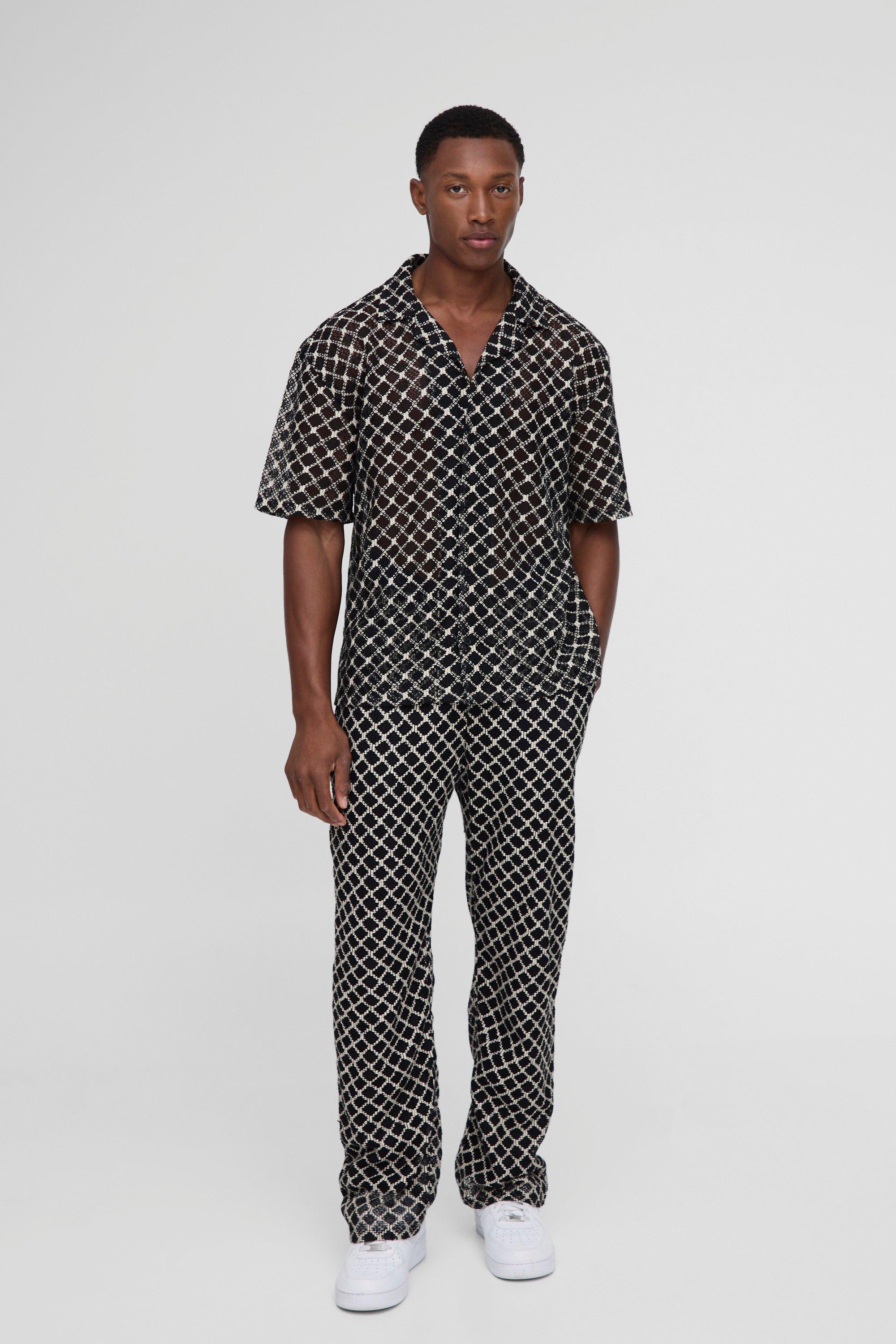 Mens Black Oversized Crochet Revere Shirt & Relaxed Trouser Set, Black