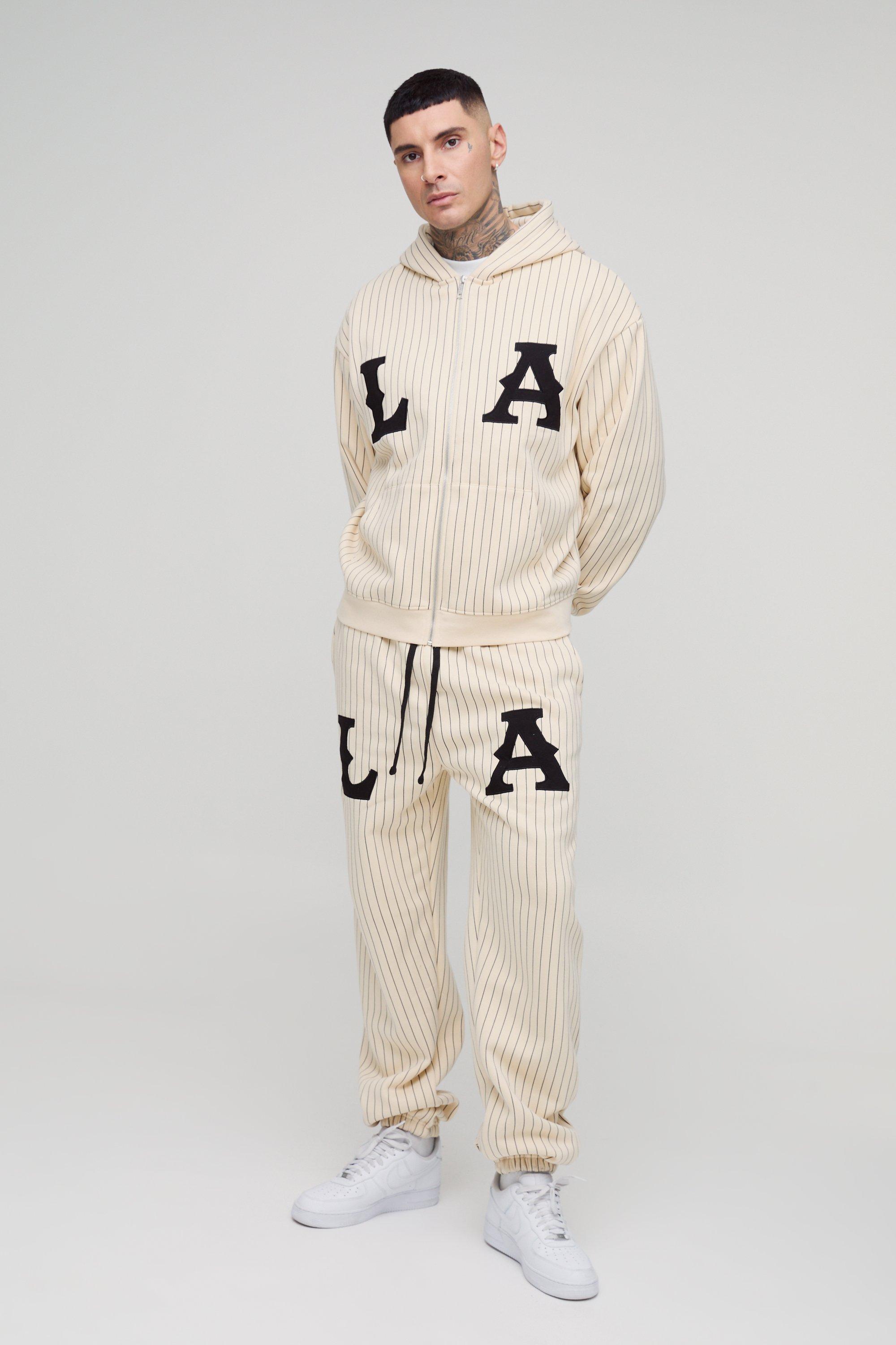 Mens Cream Tall Oversized Boxy Zip Thru LA Applique Stripe Tracksuit, Cream