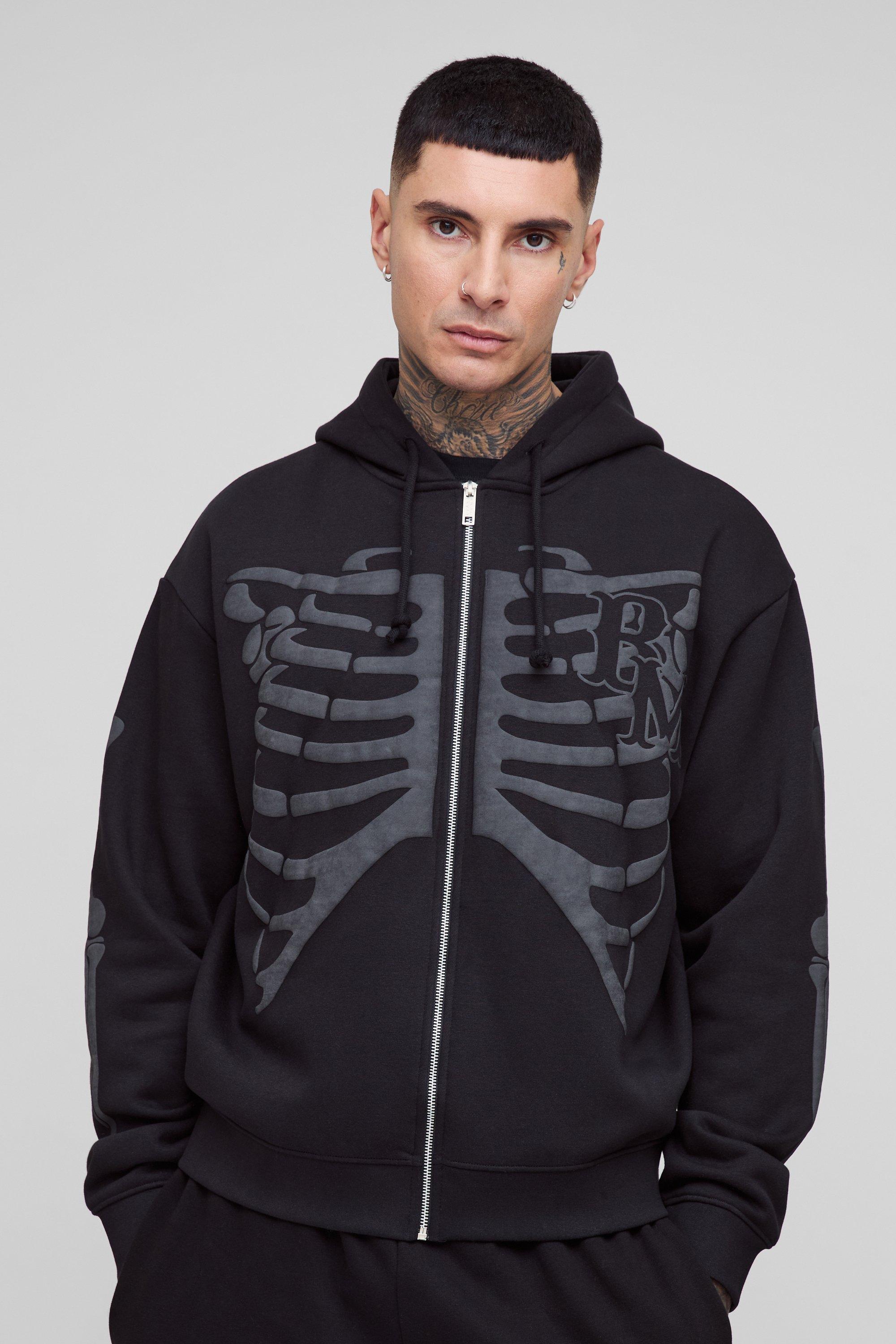 Mens Black Tall Oversized Boxy Zip Thru Skeleton Print Hoodie, Black