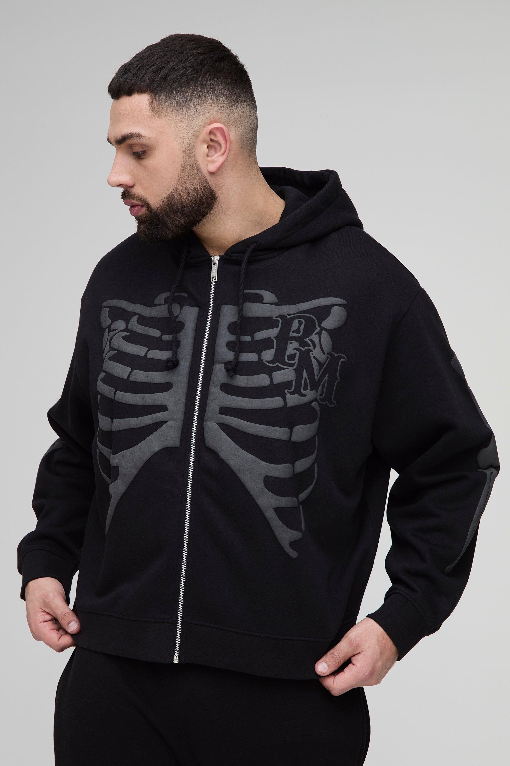 Mens Black Plus Oversized Boxy Zip Thru Skeleton Print Hoodie, Black