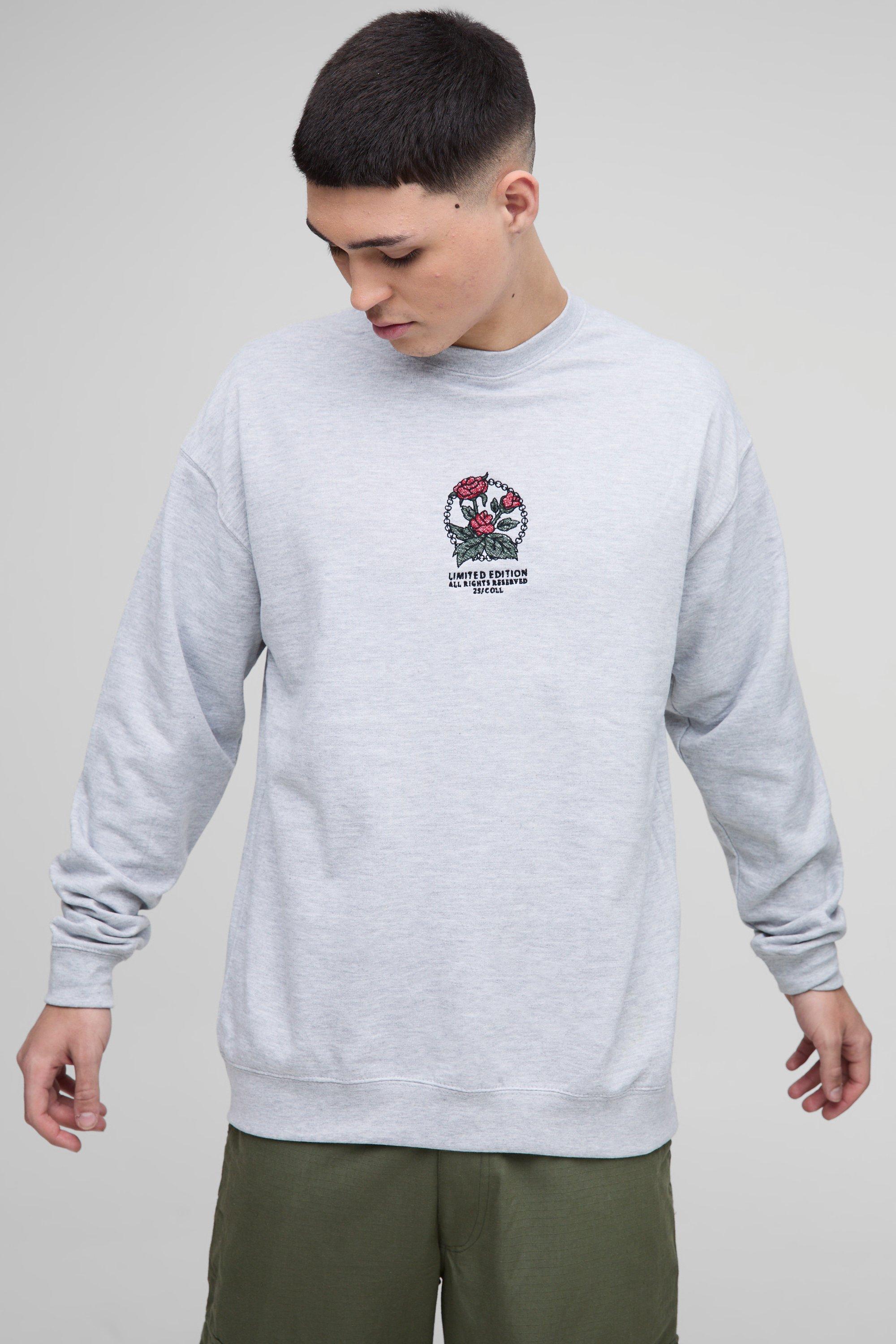 Felpa oversize Limited Edition con ricami e stampa di fiori, Grigio