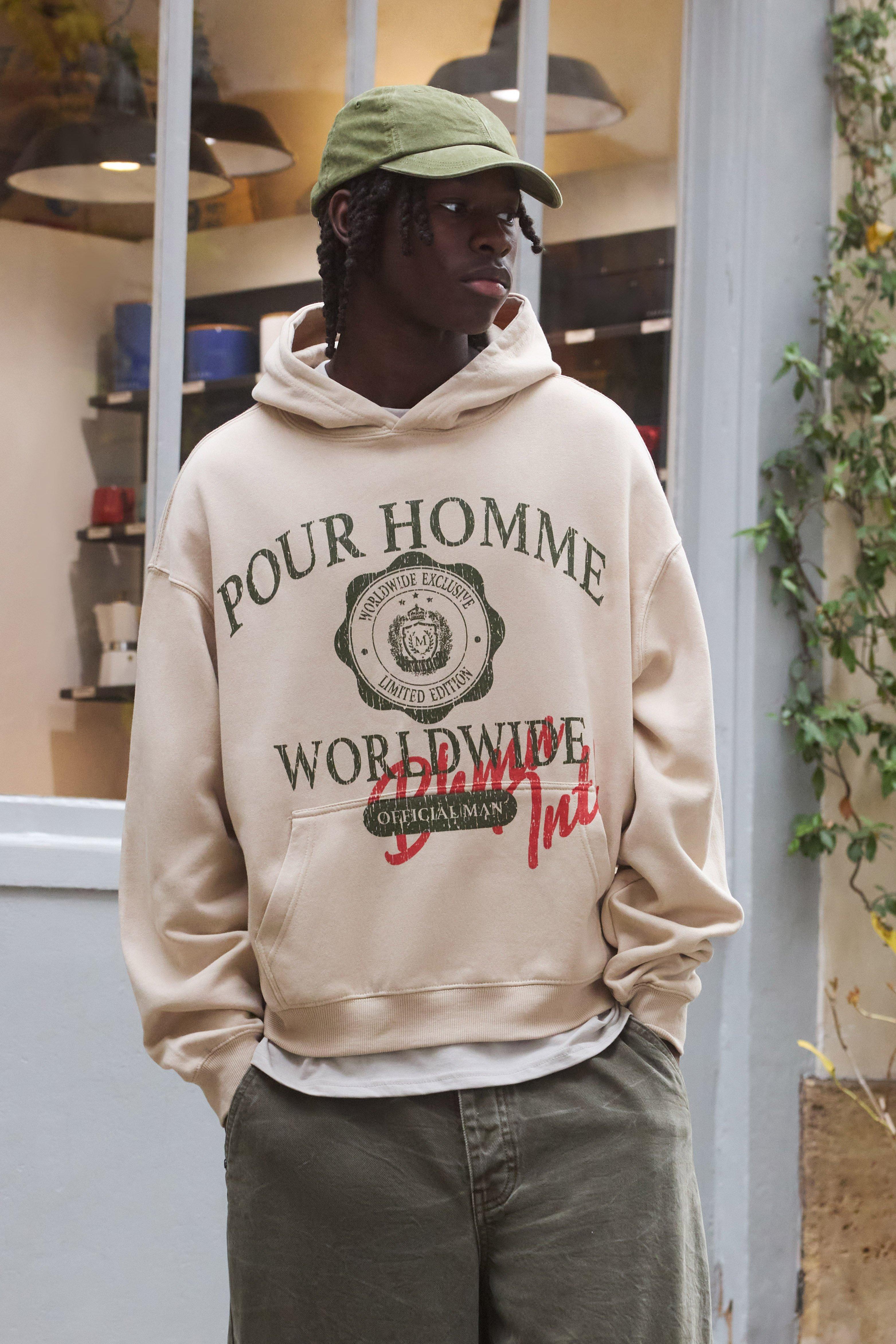 Felpa oversize Homme stile college con stampa di stemma e cappuccio, Beige