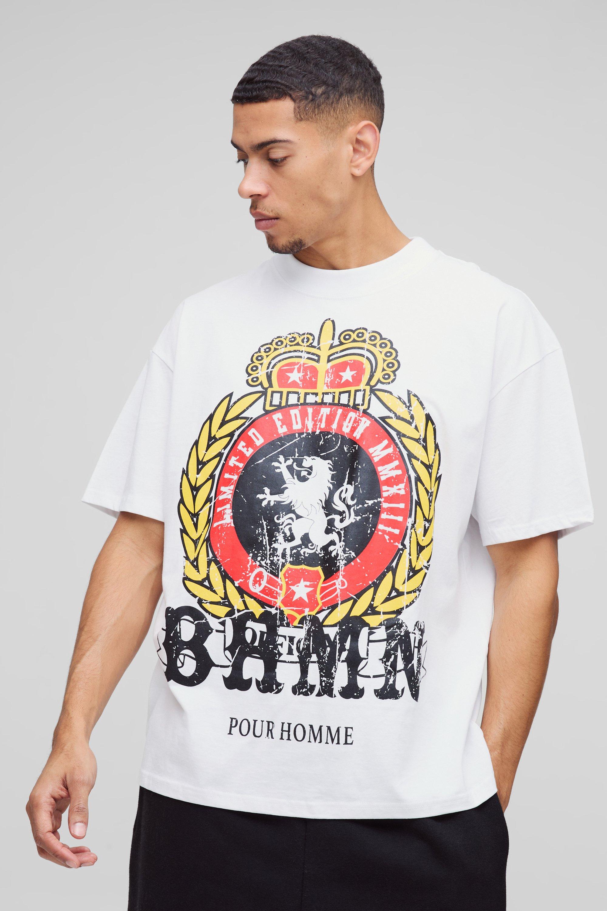 Mens White Oversized Extended Neck BHM Crest Printed T-Shirt, White