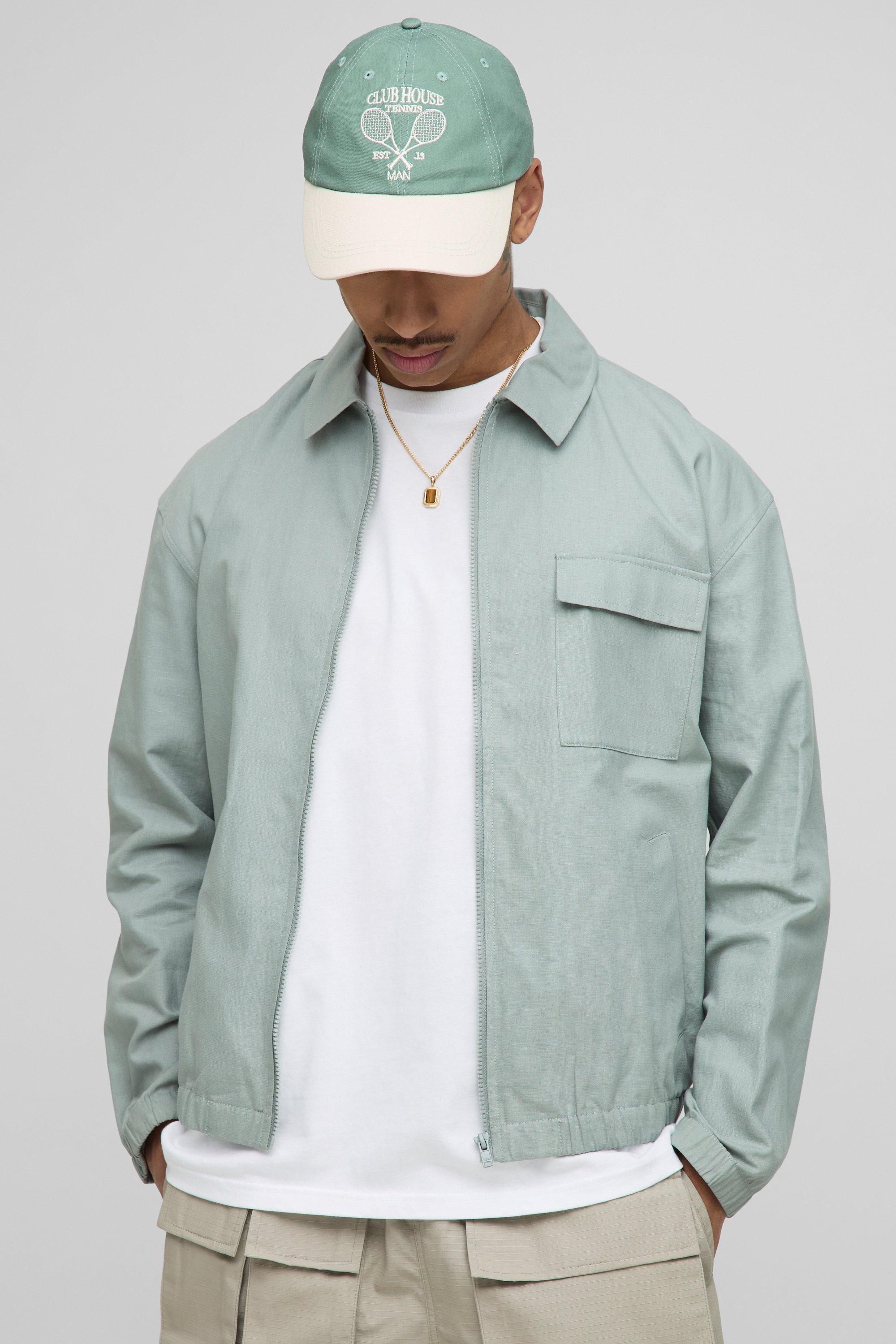 Mens Green Regular Fit Zip Up Linen Blend Elasticated Cuff Harrington, Green