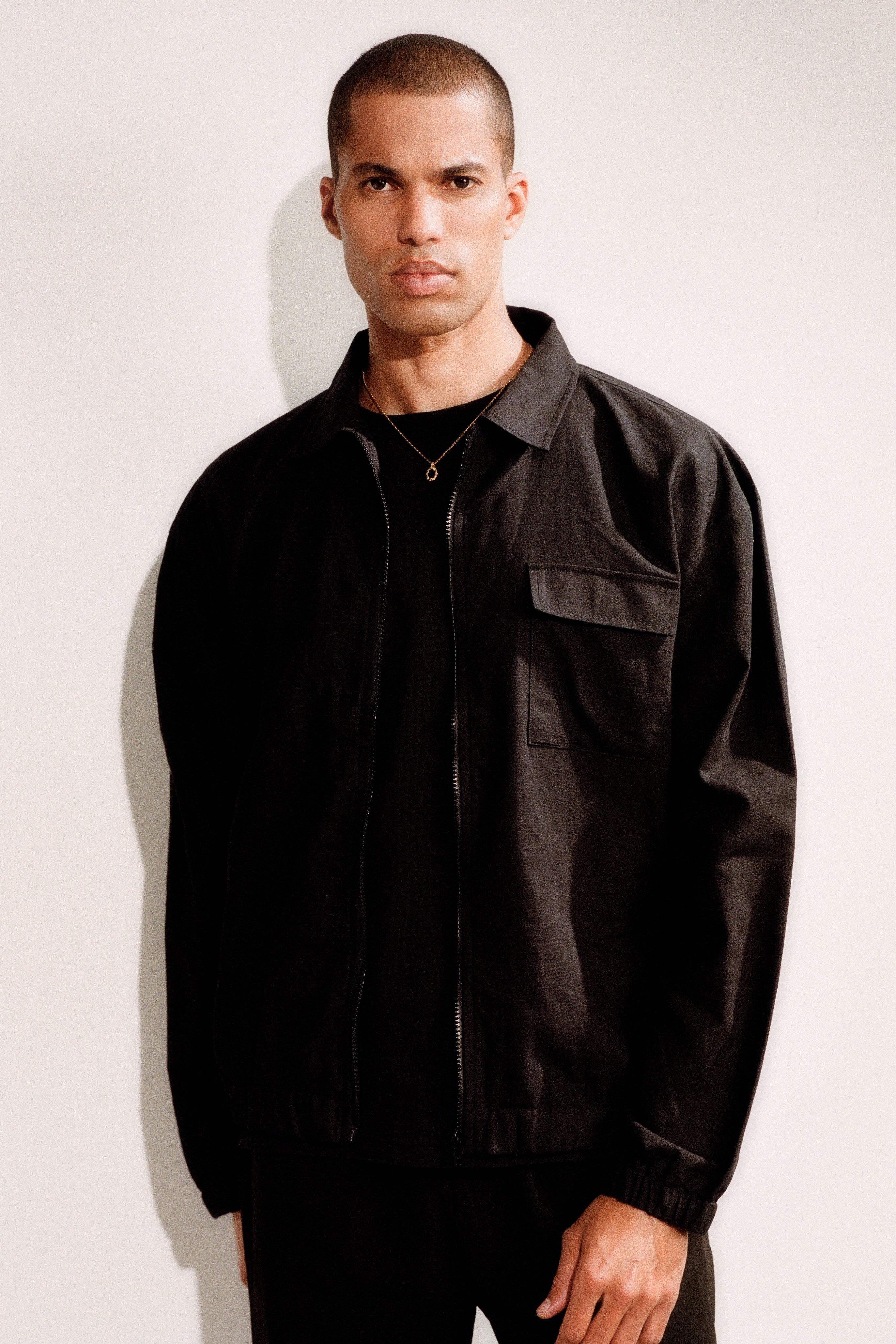 Mens Black Regular Fit Zip Up Linen Blend Elasticated Cuff Harrington, Black