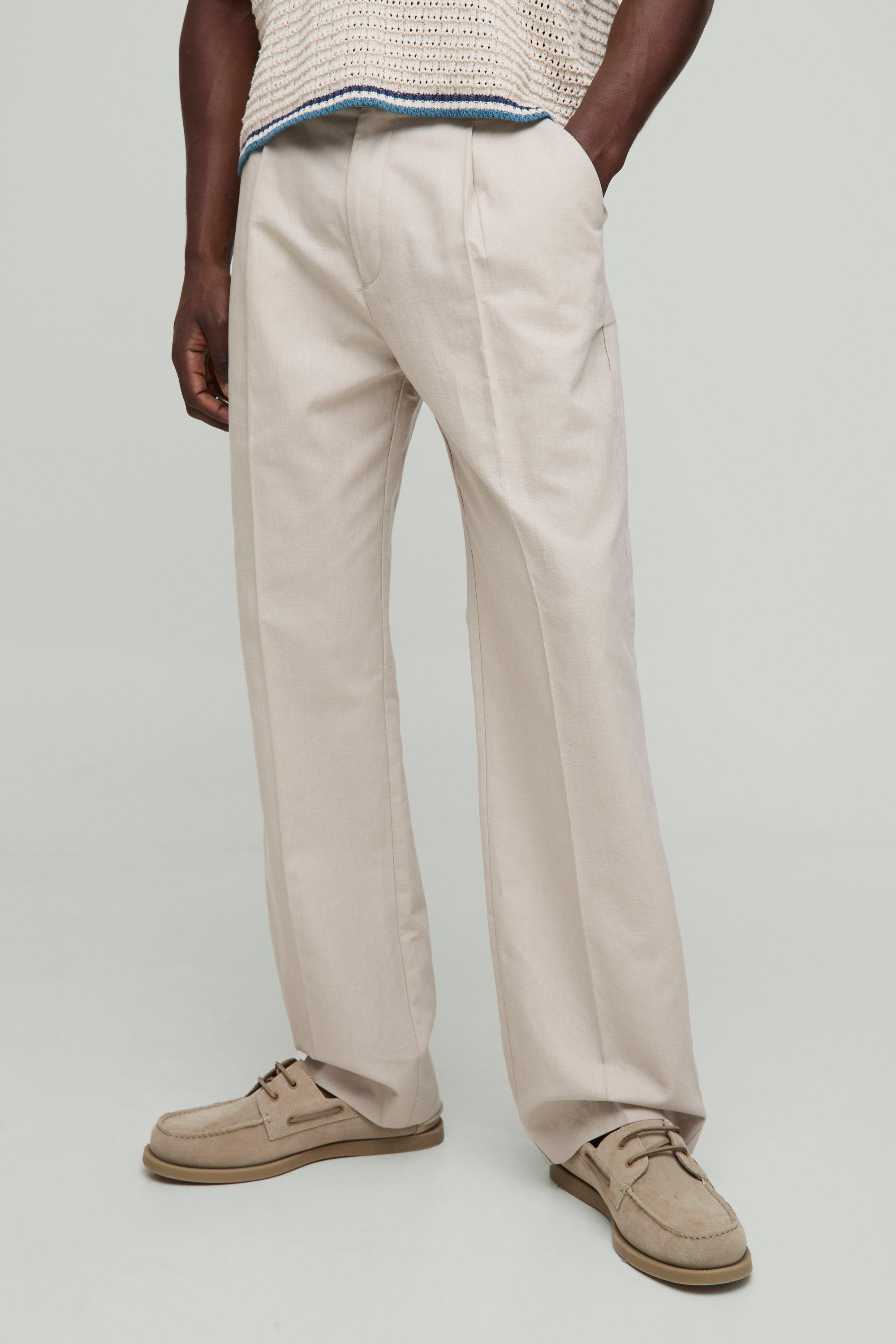 Mens Beige Straight Fit Linen Blend Crease Front Trouser, Beige