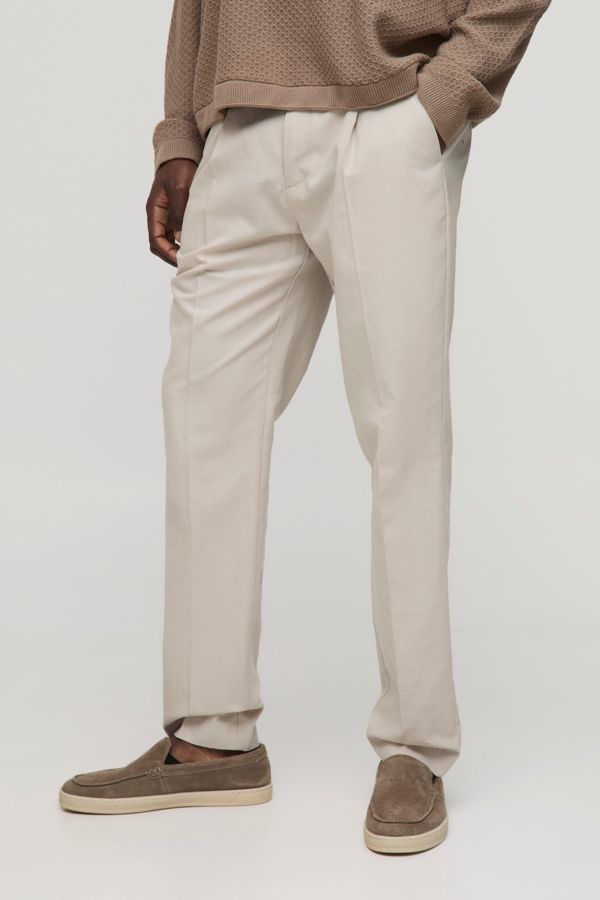 Mens Beige Slim Fit Linen Blend Crease Front Trouser, Beige