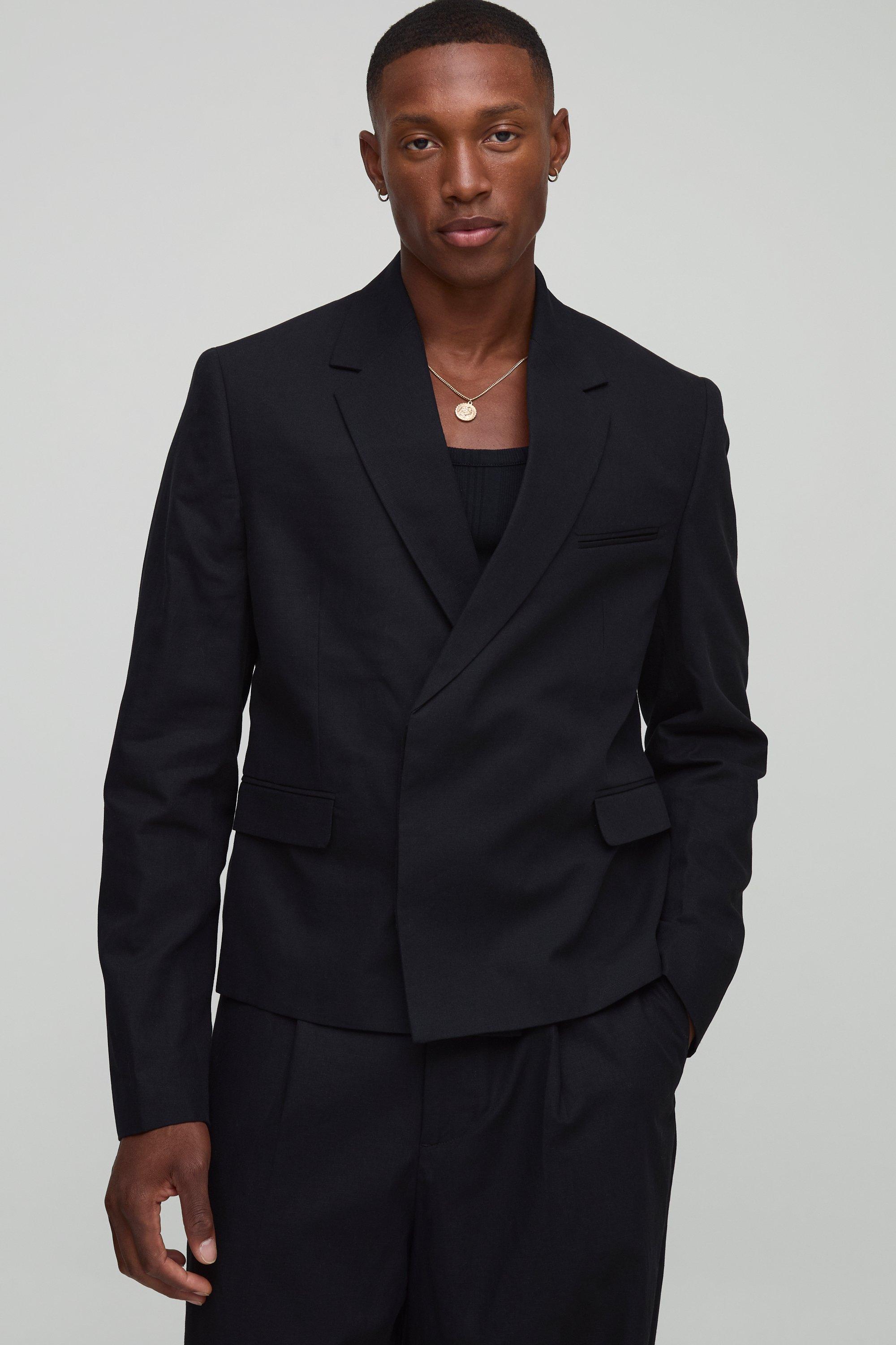 Mens Black Oversized Boxy Linen Blend Blazer, Black