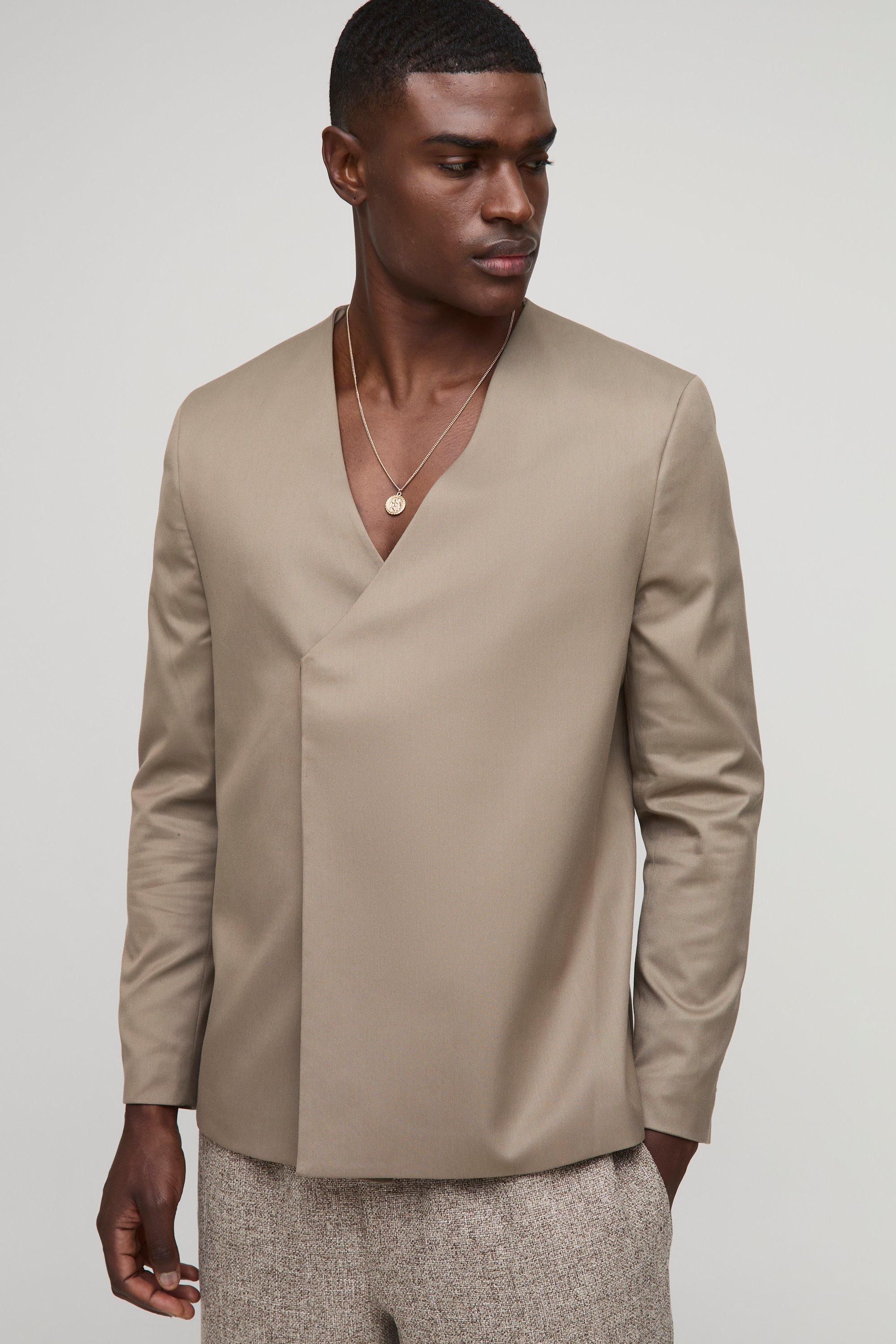 Mens Beige Oversized Collarless Wrap Front Blazer, Beige