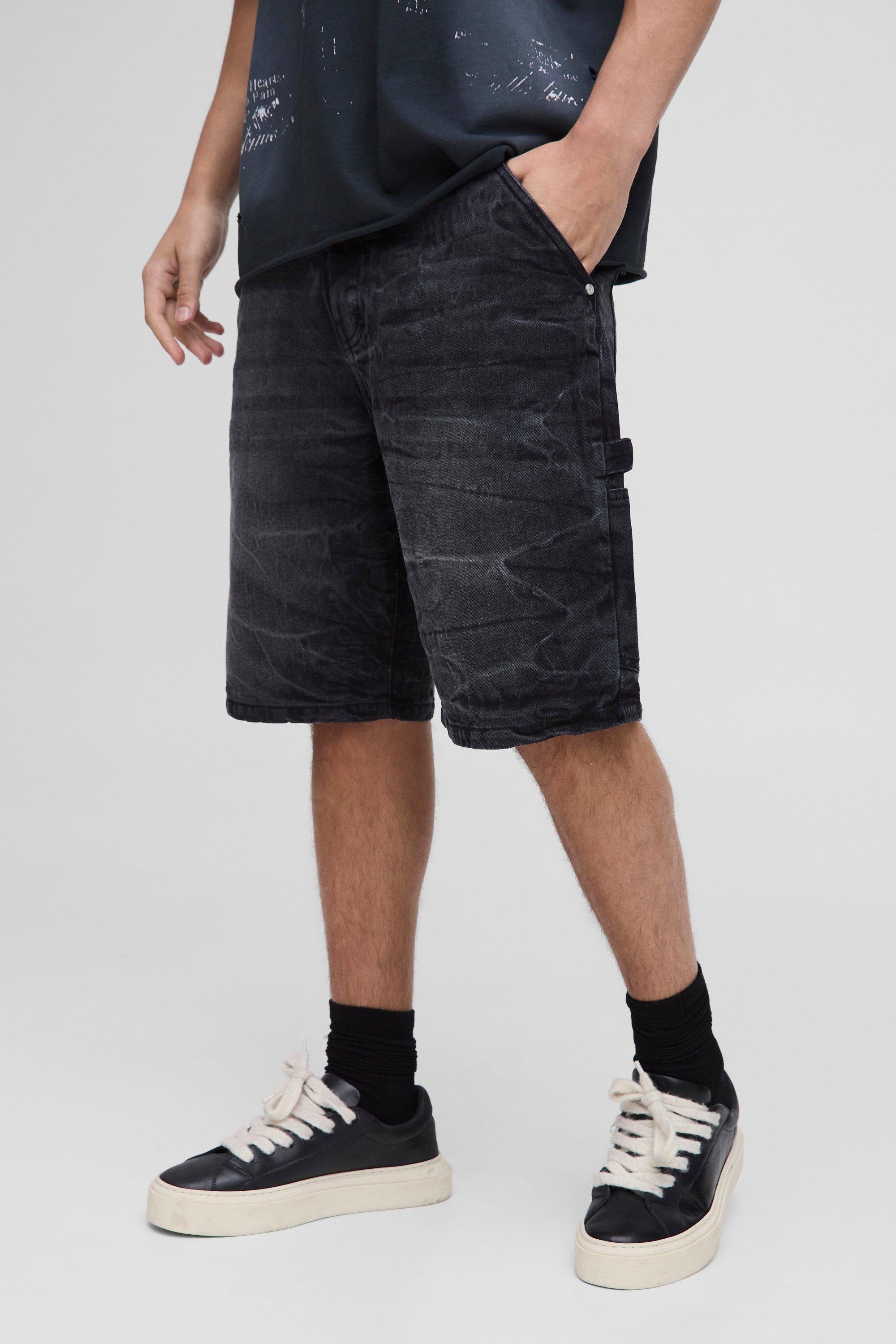 Mens Relaxed Rigid Carpenter Crinkle Denim Shorts In Black, Black