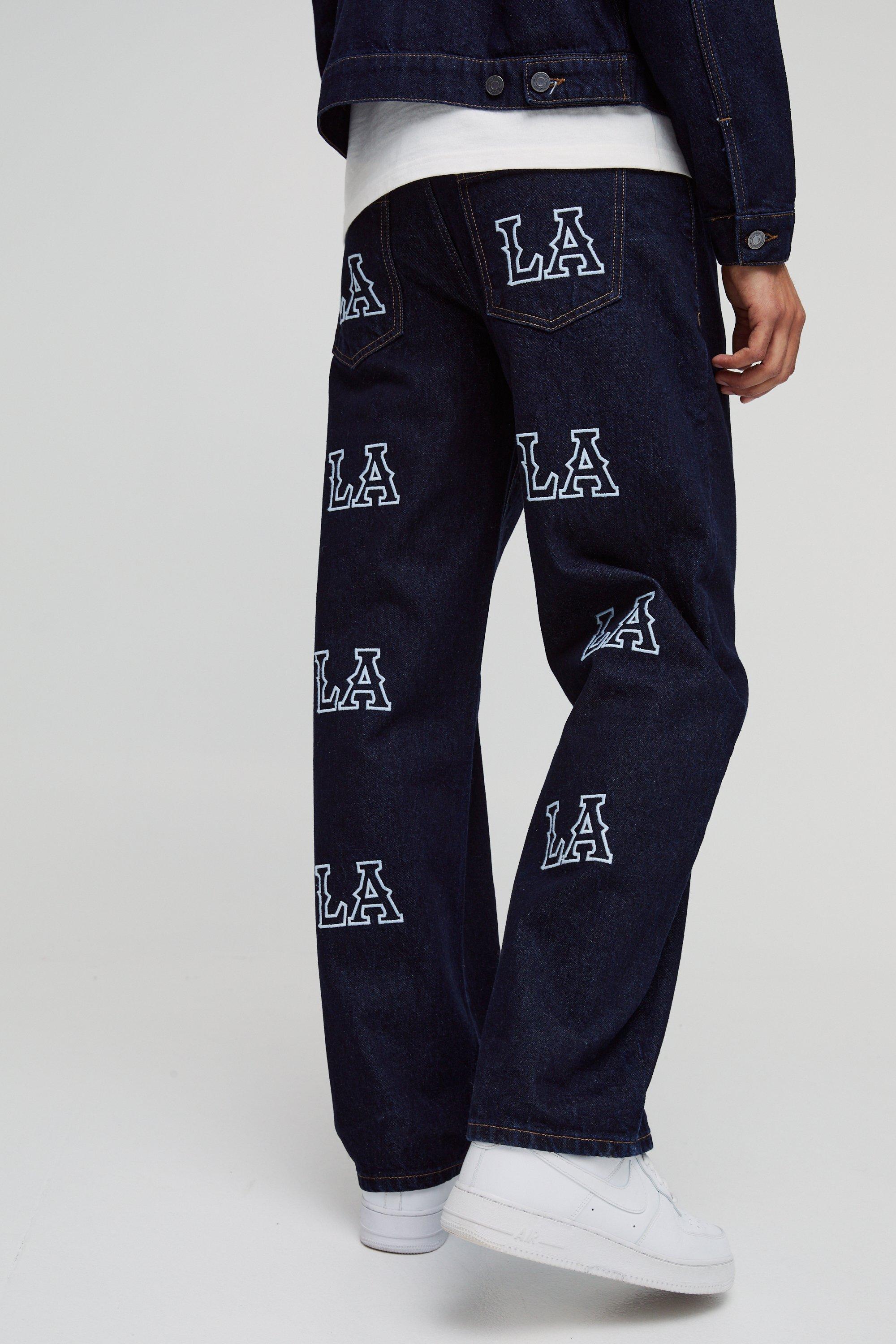Mens Blue Relaxed Fit LA Embroidery Jeans, Blue