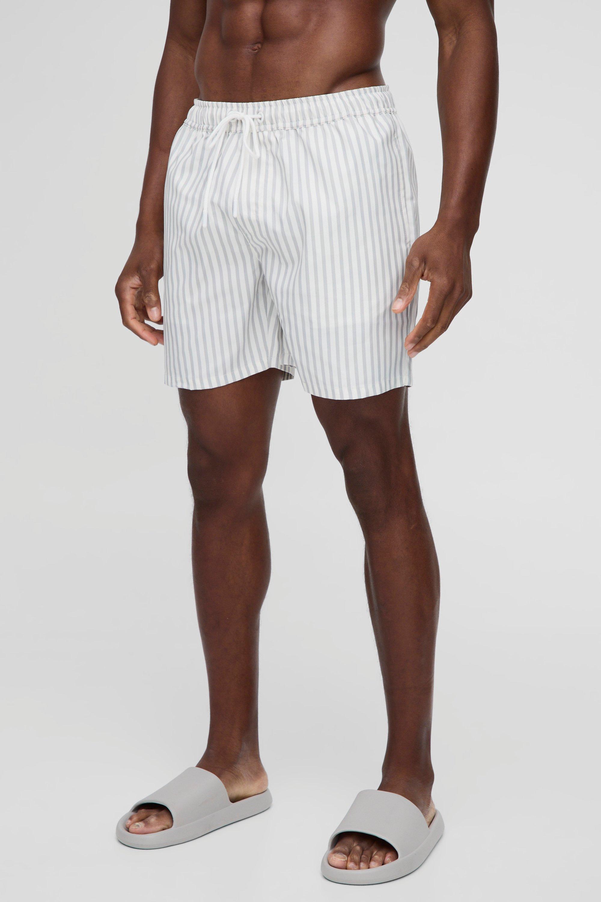 Mens Grey Mid Length Stripe Swim Short, Grey