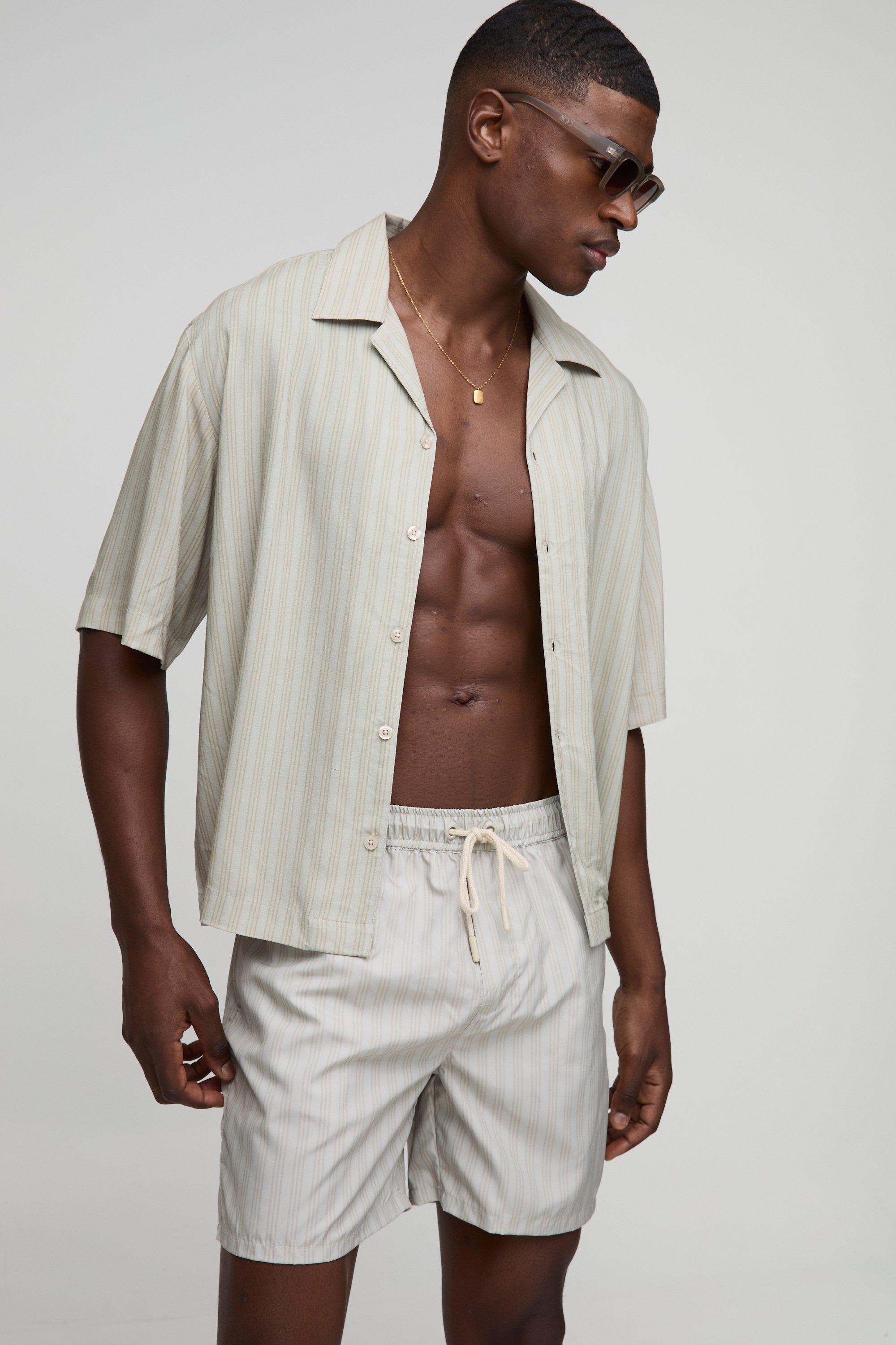 Mens Beige Oversized Striped Revere Shirt & Swim Set, Beige