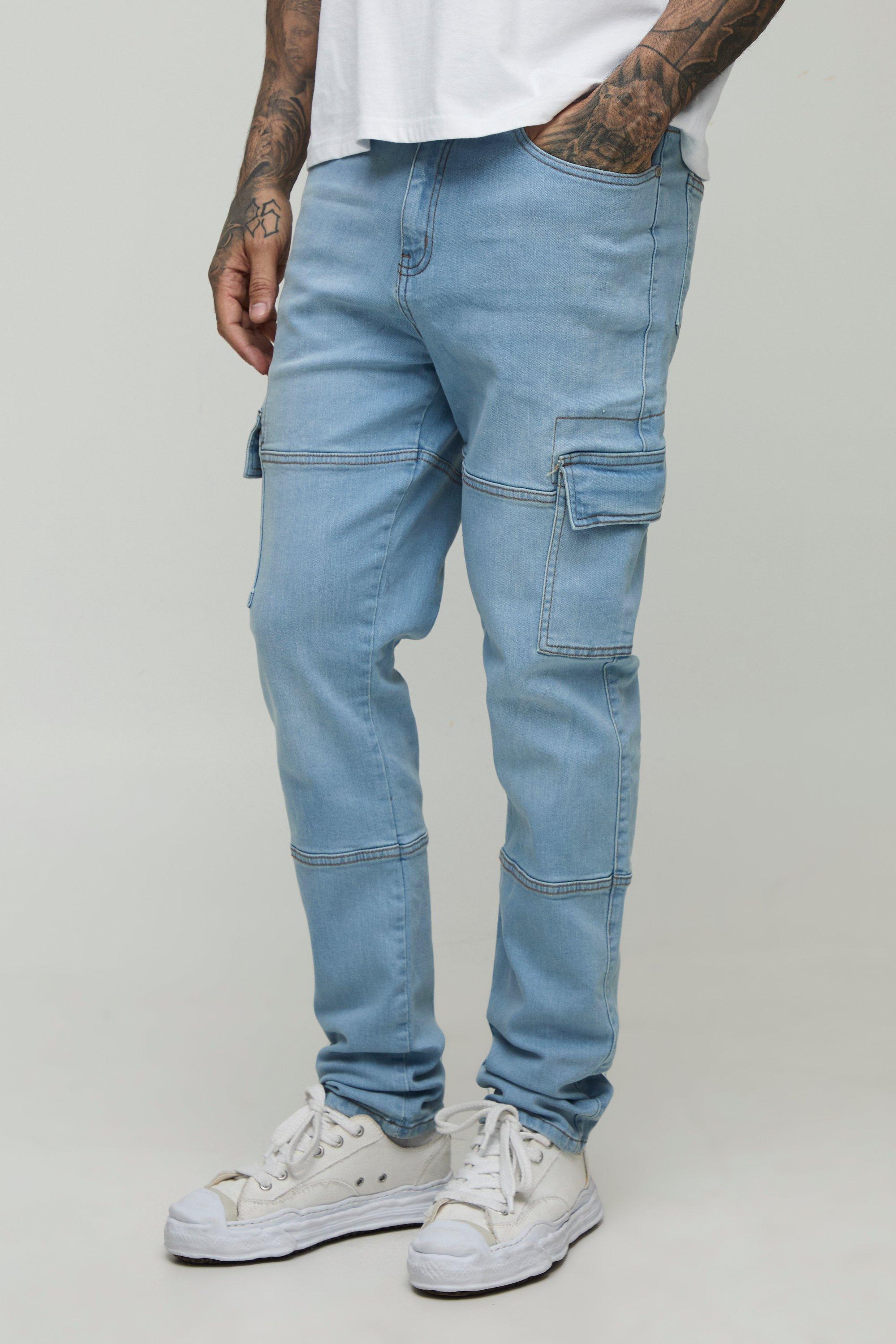 Boohoo Tall Slim Fit Cargo Jeans Met Naaddetail, Light Wash