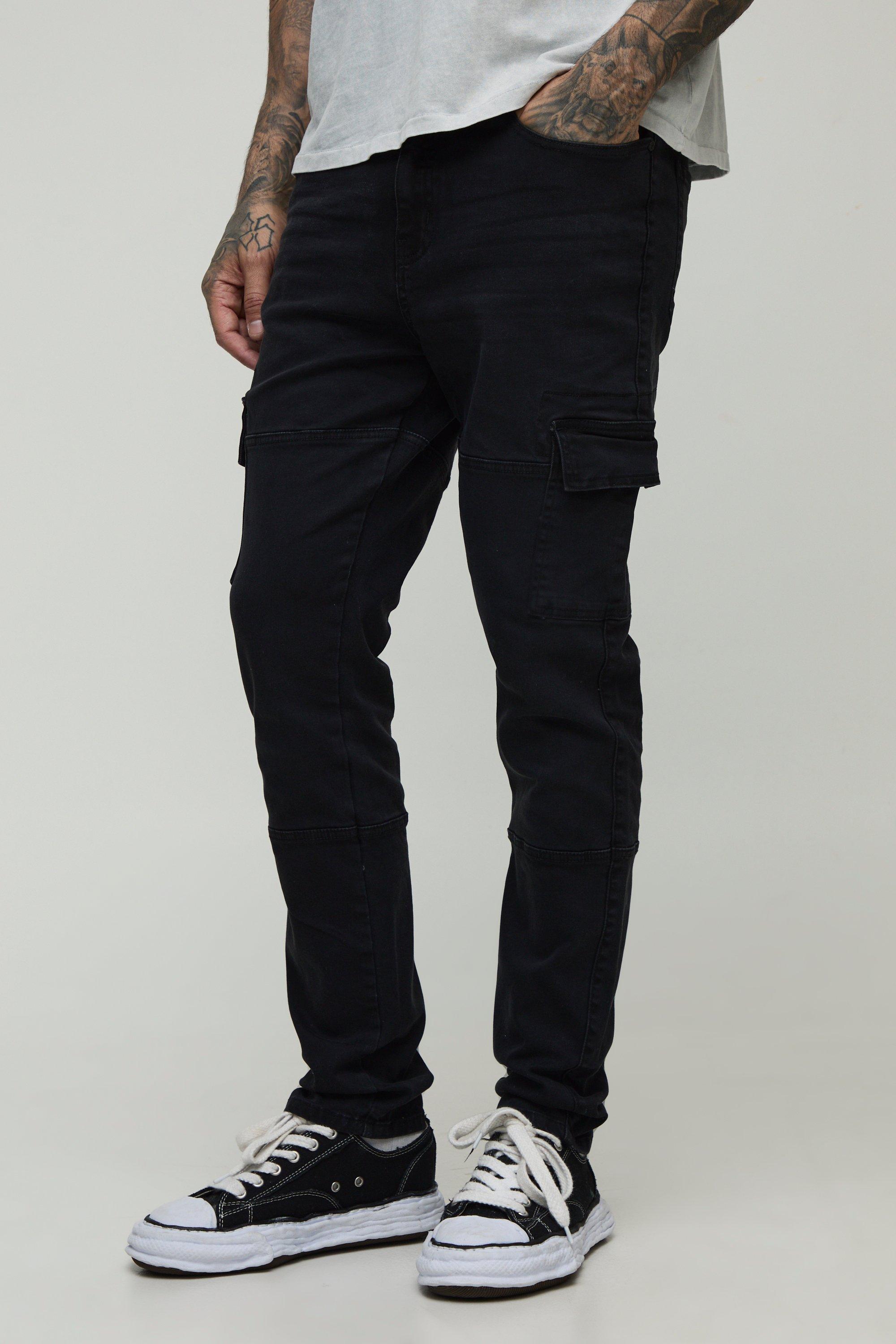 Boohoo Tall Slim Fit Cargo Jeans Met Naaddetail, Washed Black