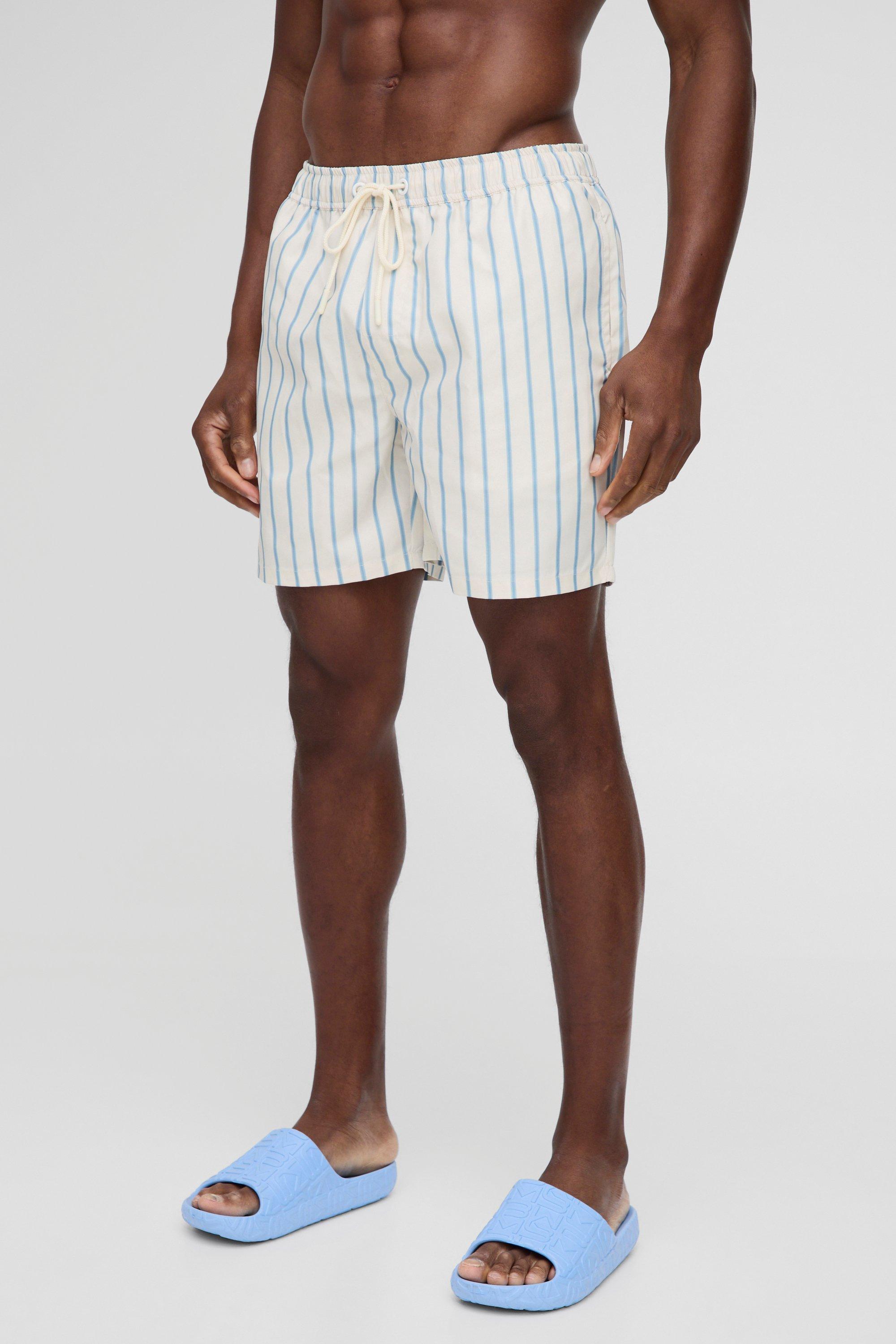 Mens Cream Mid Length Stripe Swim Short, Cream