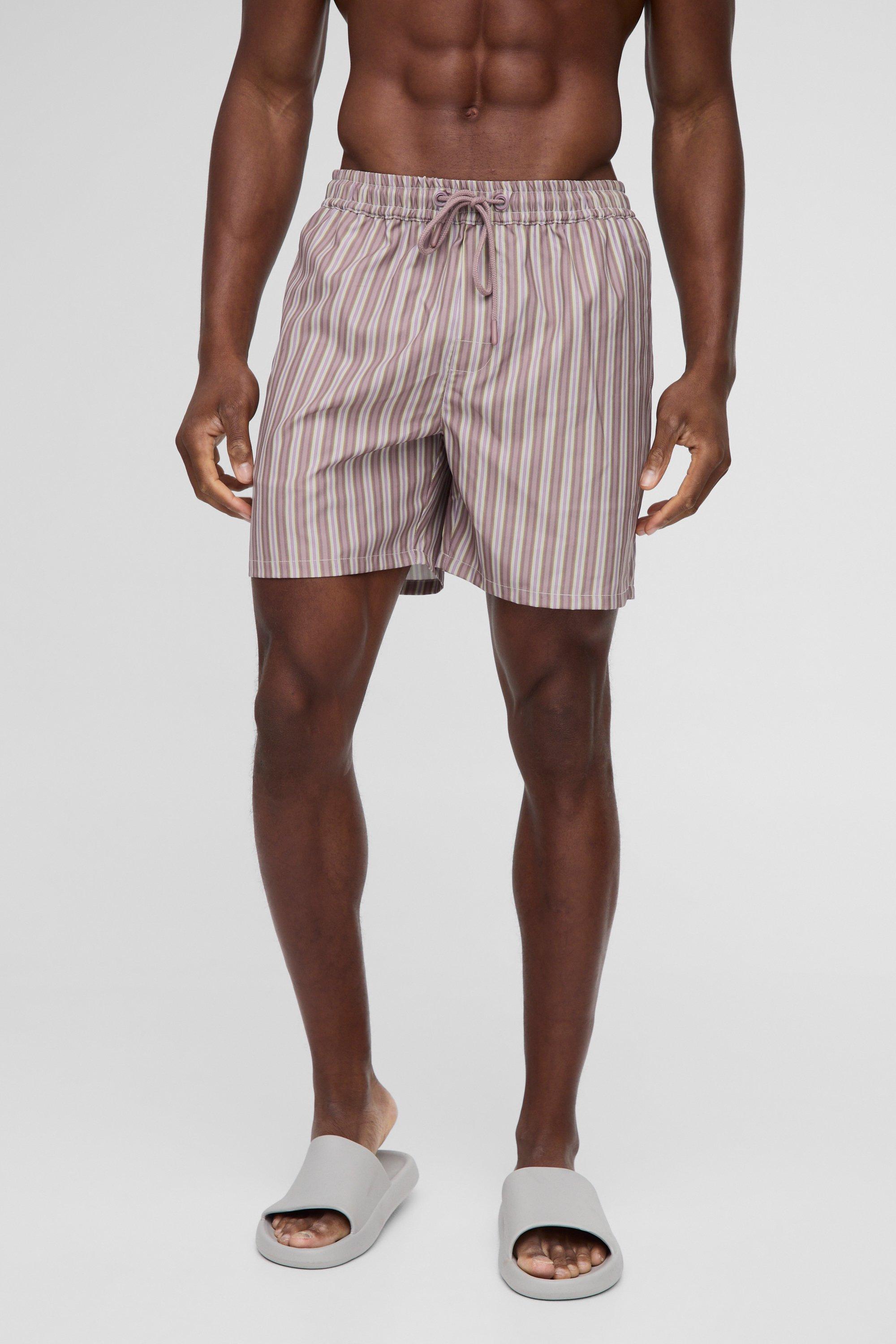 Mens Brown Mid Length Stripe Swim Short, Brown