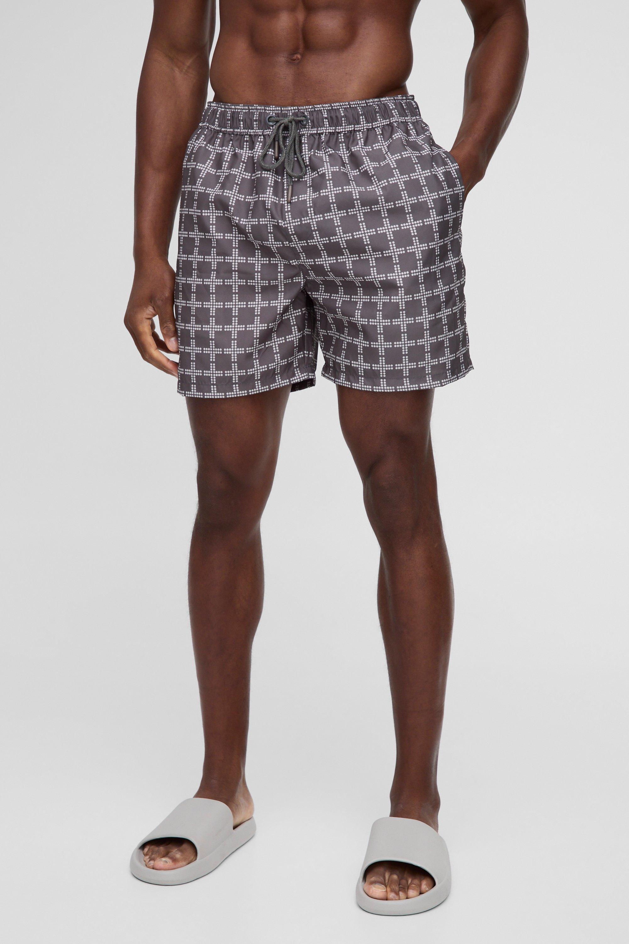 Mens Beige Mid Length Check Swim Short, Beige