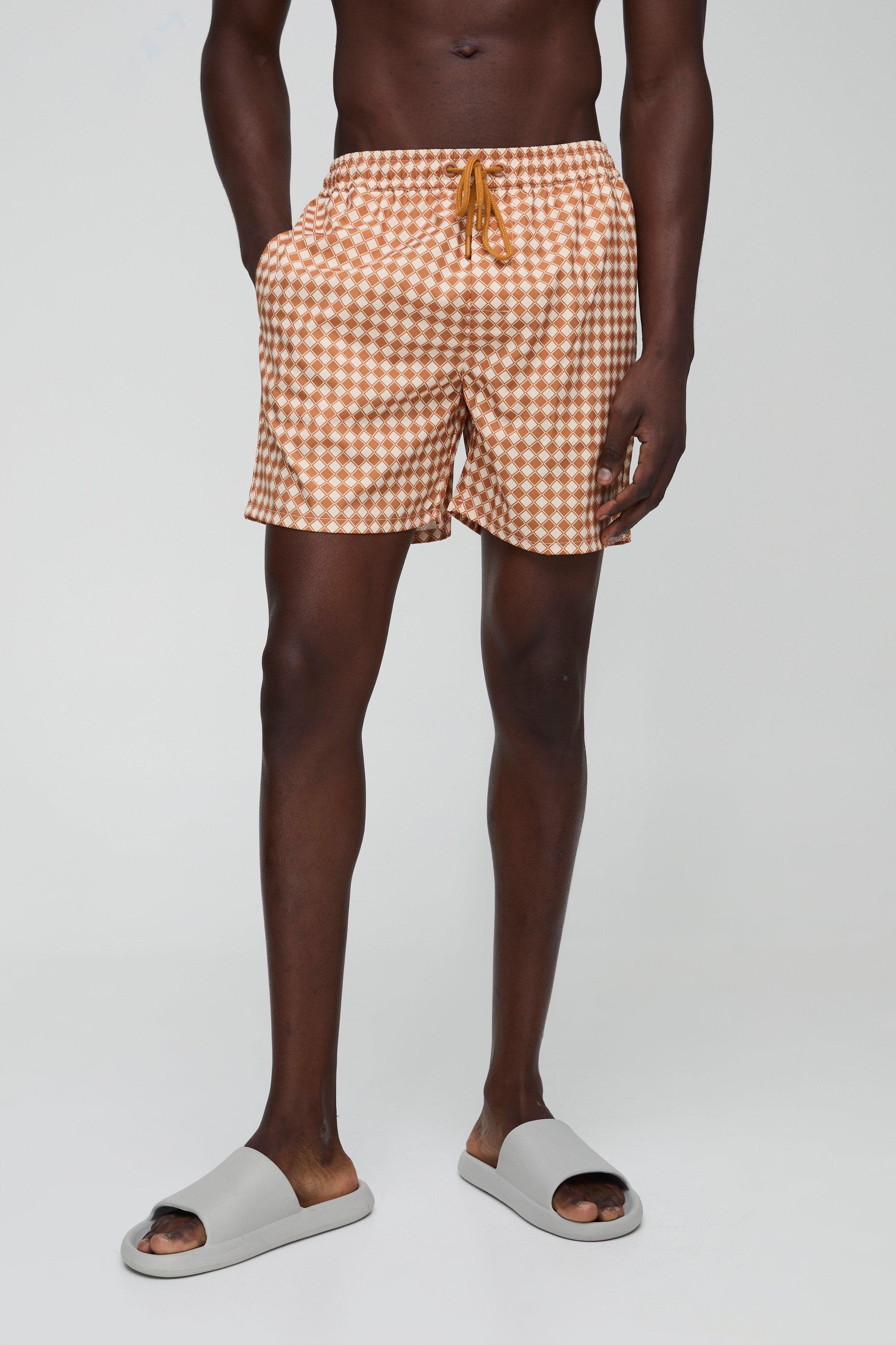 Costume a pantaloncino medio con stampa di motivi geometrici, Arancio