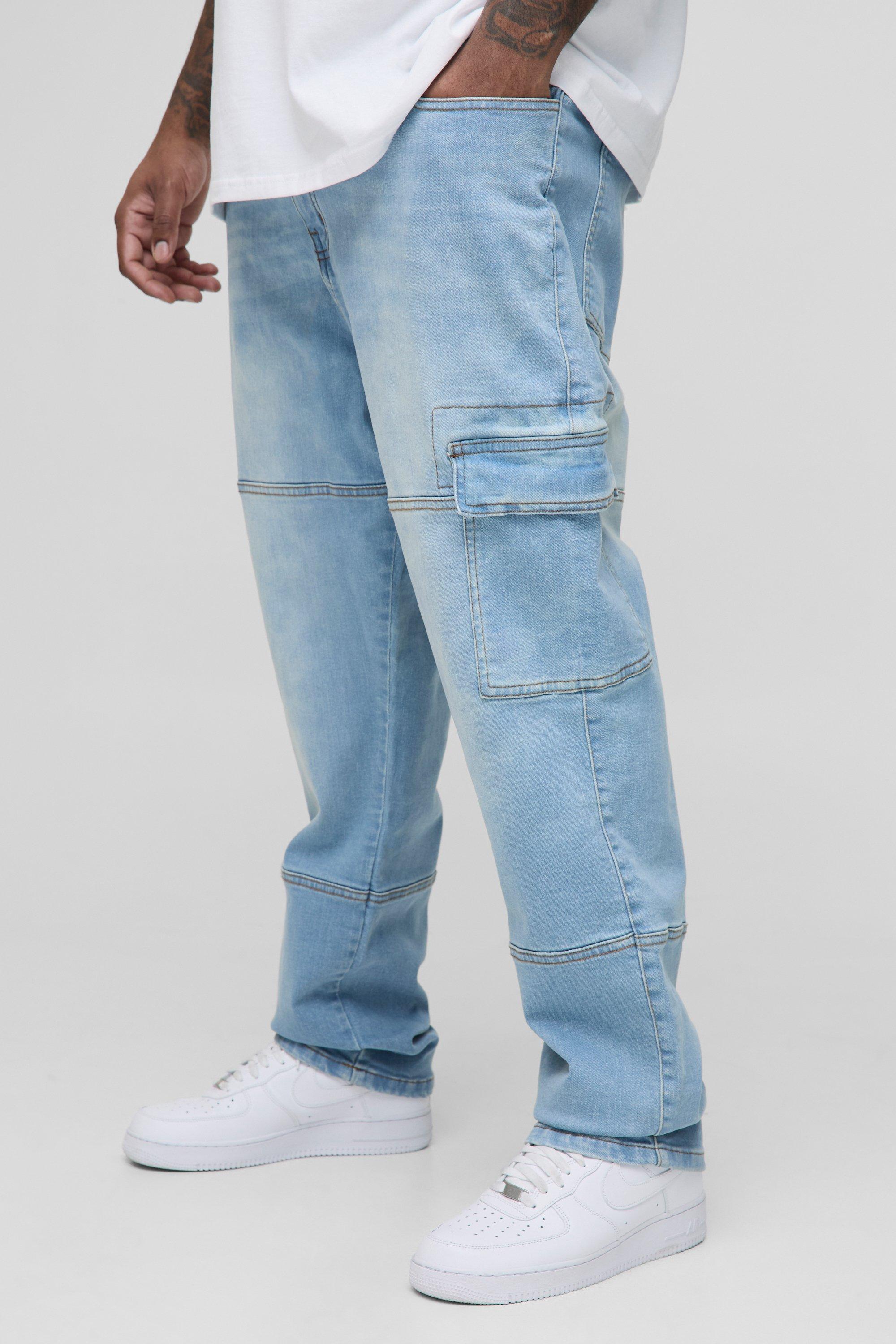 Boohoo Plus Cargo Slim Fit Jeans Met Naaddetail, Light Wash