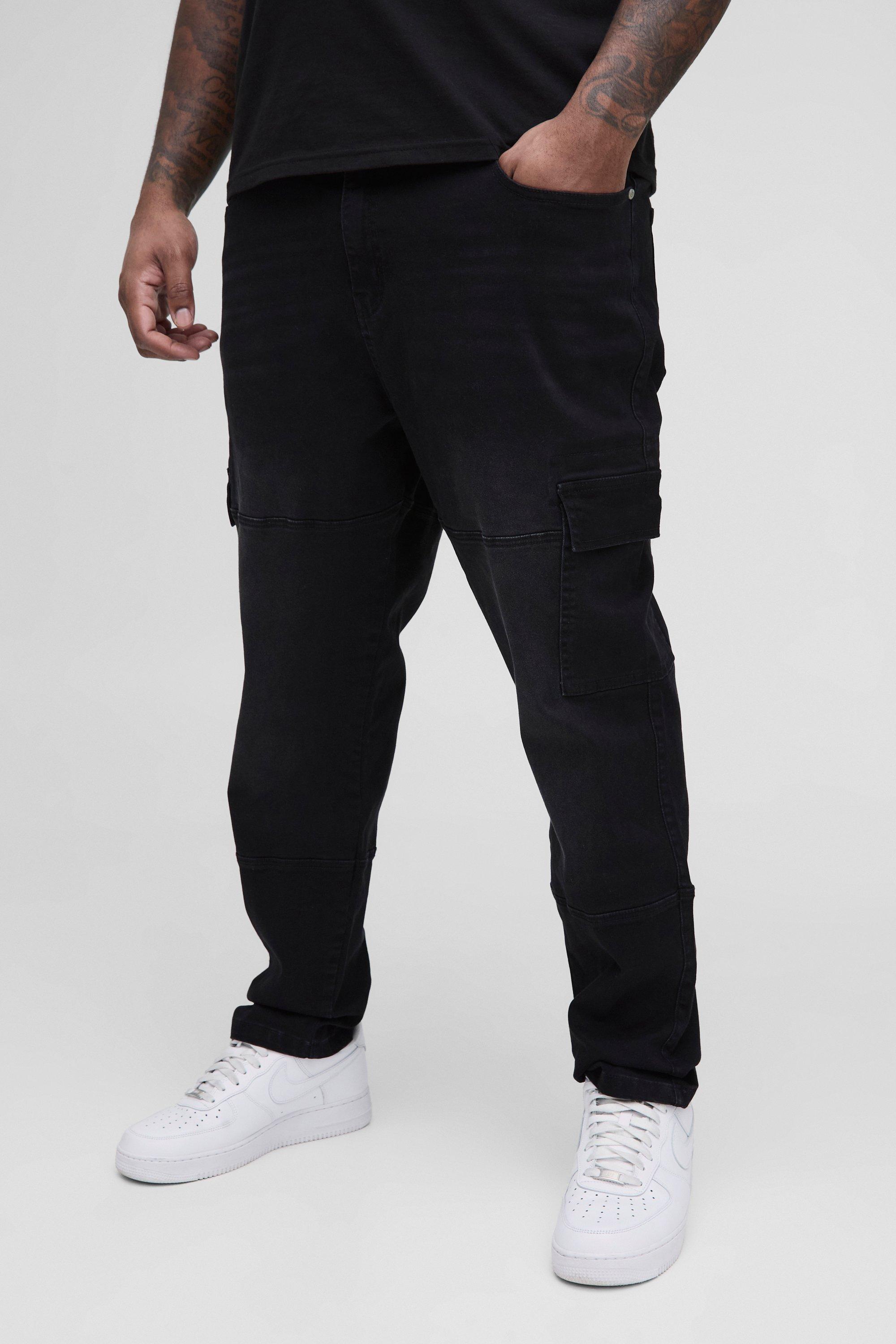 Boohoo Plus Cargo Slim Fit Jeans Met Naaddetail, Washed Black