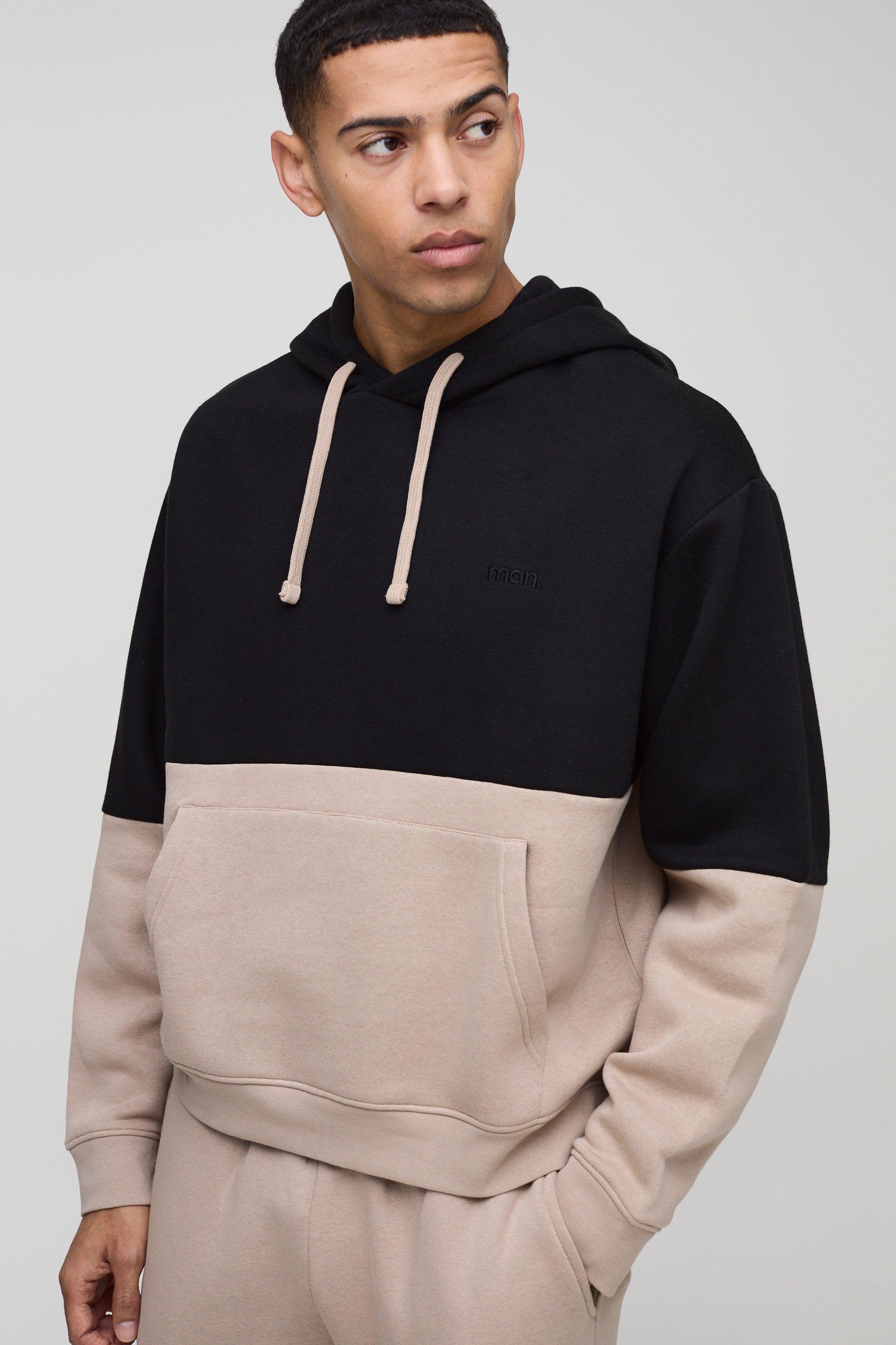Felpa squadrata oversize Man a blocchi di colore con cappuccio, Beige