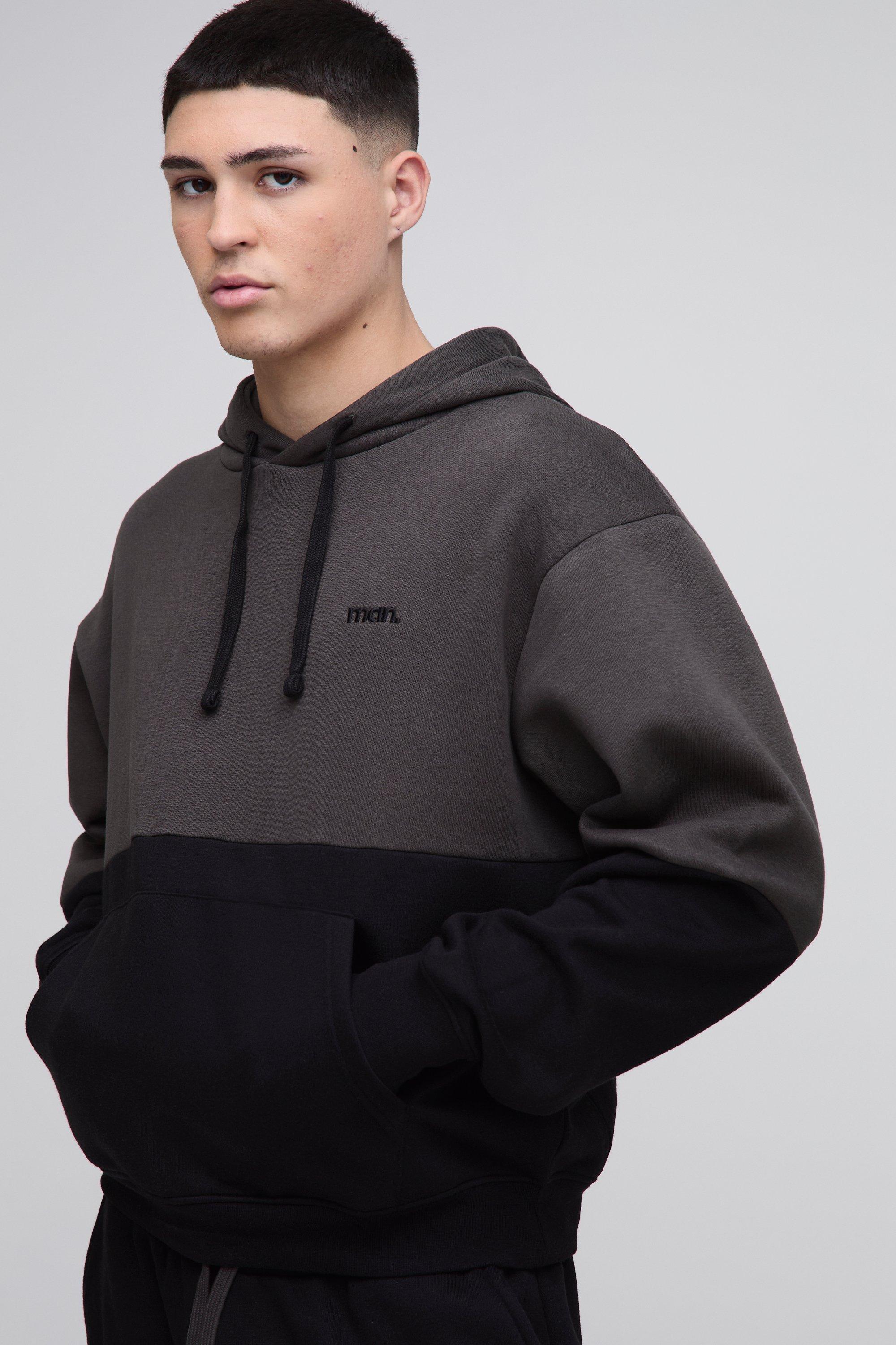 Felpa squadrata oversize Man a blocchi di colore con cappuccio, Nero
