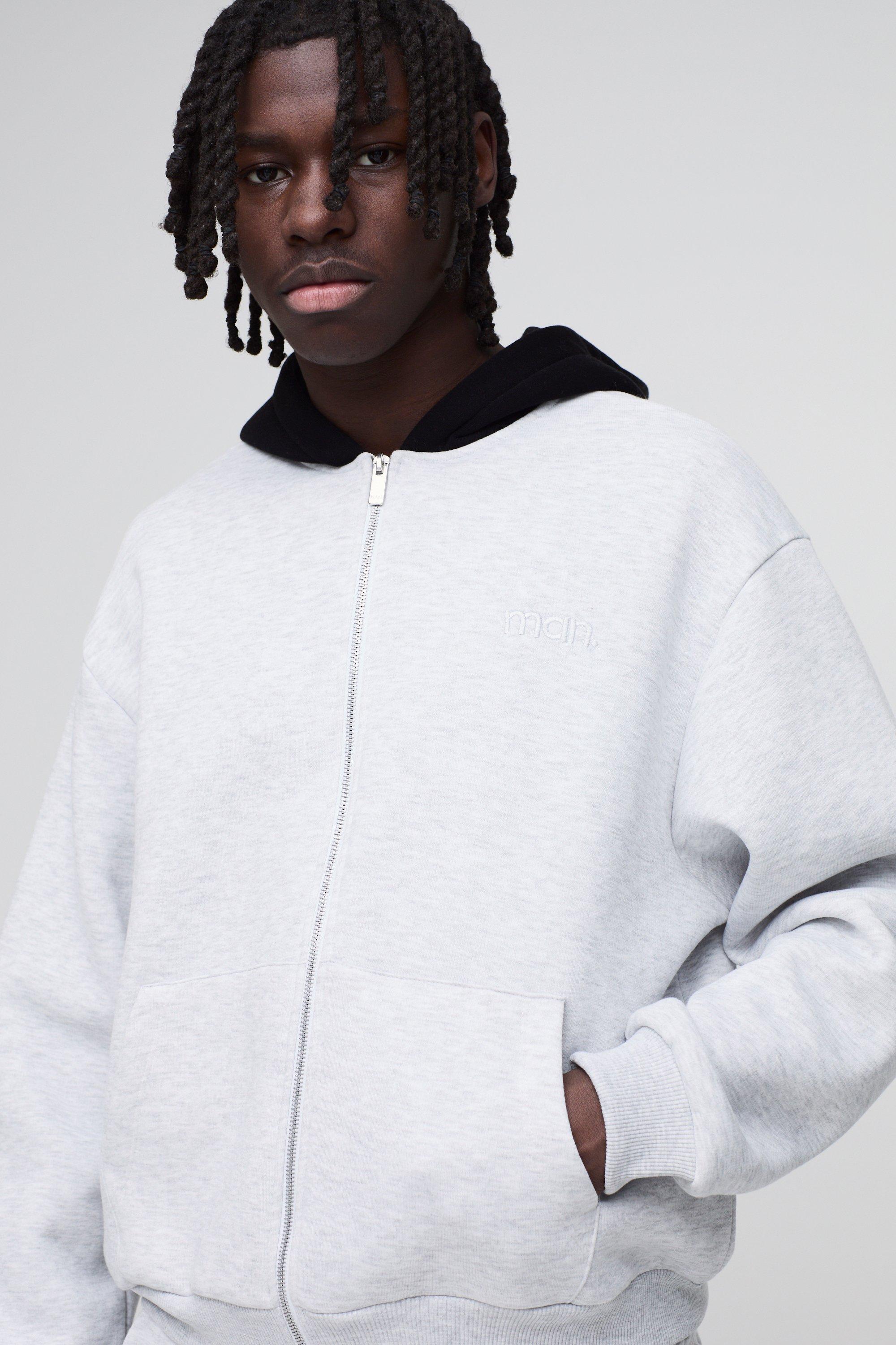 Felpa squadrata oversize Man a blocchi di colore con zip e cappuccio, Grigio