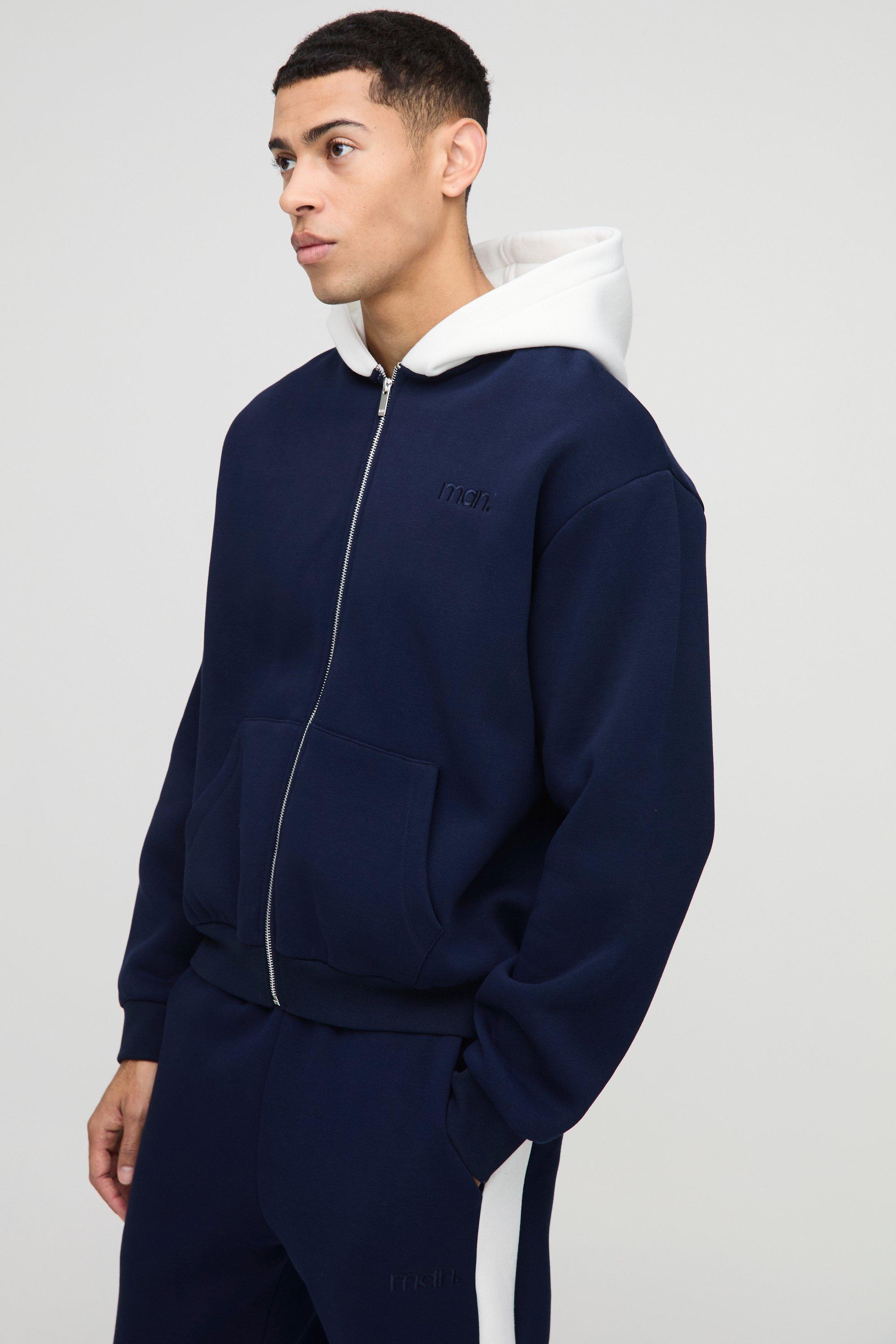 Felpa squadrata oversize Man a blocchi di colore con zip e cappuccio, Navy