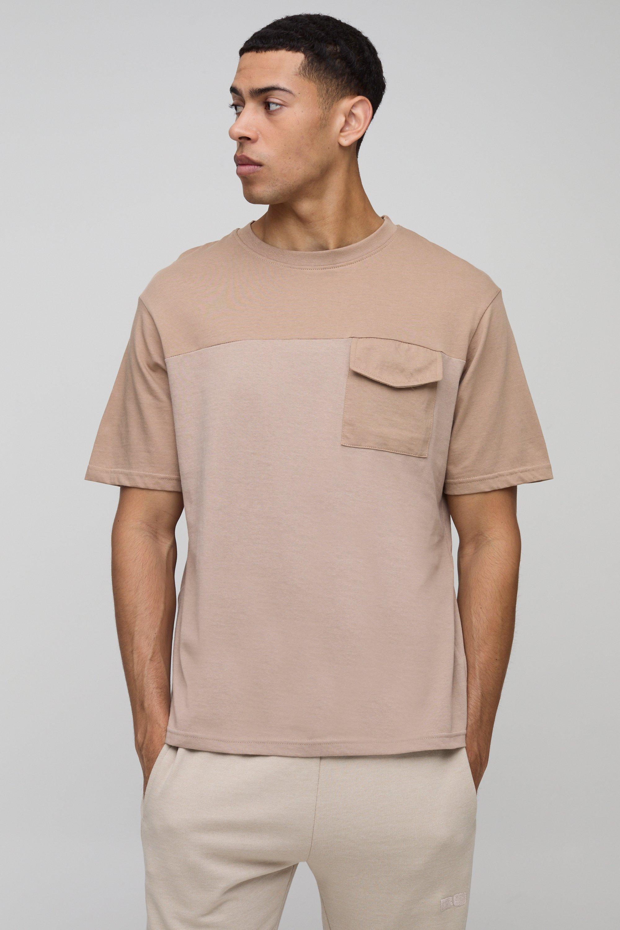 T-shirt Man tono su tono a blocchi di colore con tasche, Beige